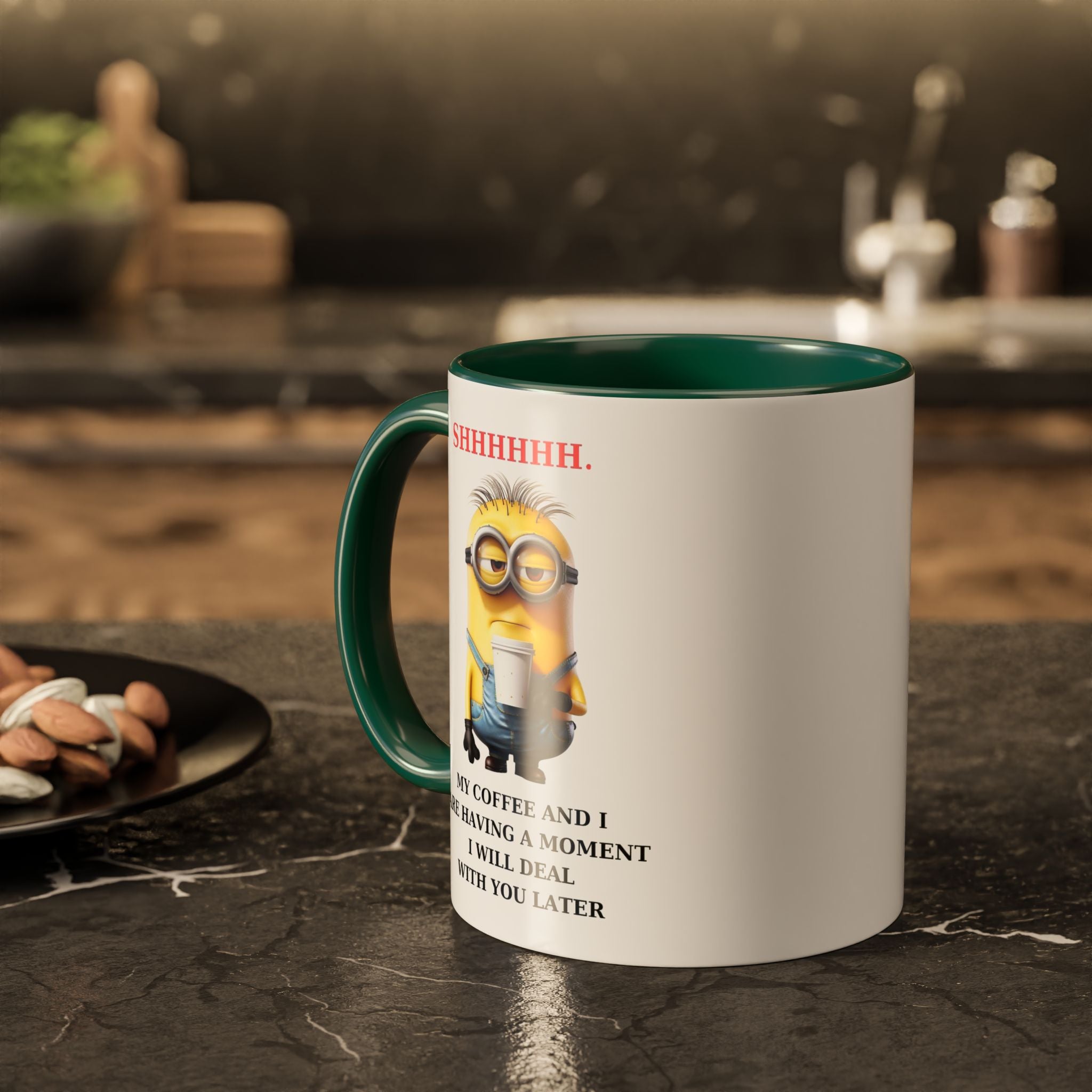 Funny Minion SHHHHHHH Two-Tone Coffee Mug, Novelty Cup, Cute Gift for Introverts, Office Humor, Sarcastic Statement, 11oz, Gift for Minion