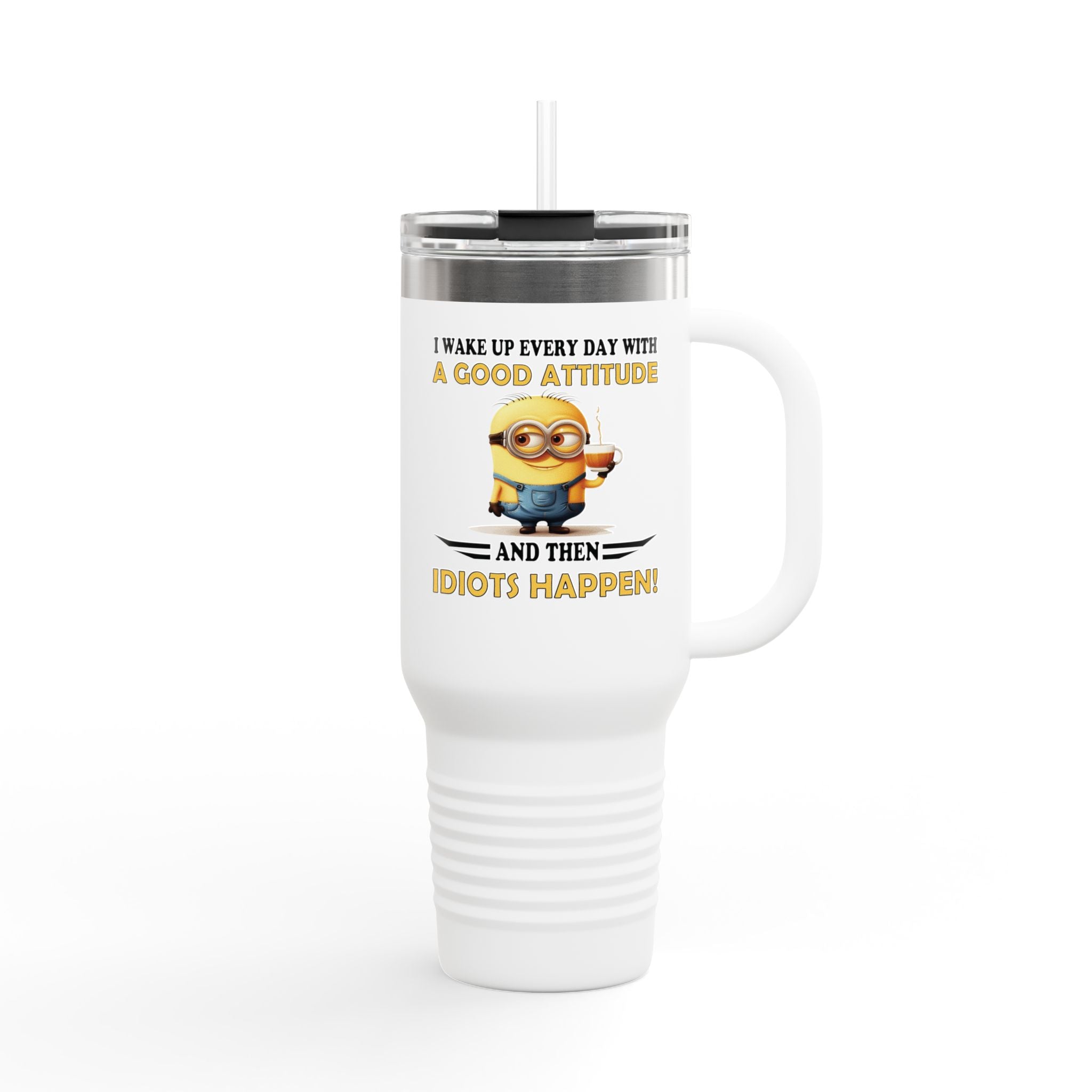 White tumbler with a Minion design and humorous text on a white background