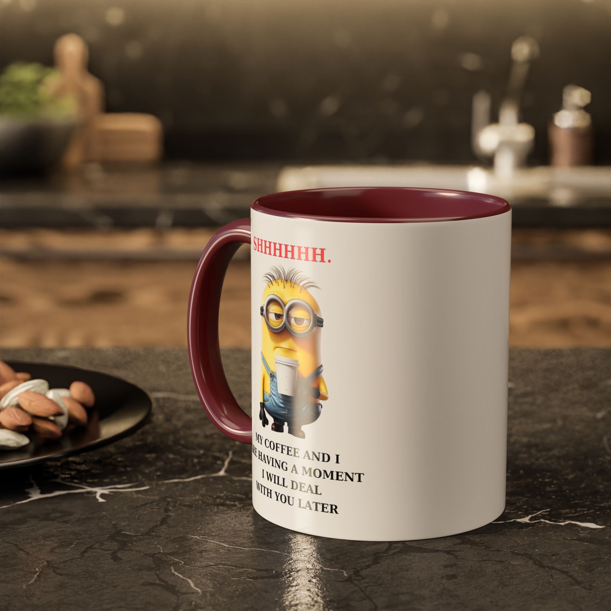 Funny Minion SHHHHHHH Two-Tone Coffee Mug, Novelty Cup, Cute Gift for Introverts, Office Humor, Sarcastic Statement, 11oz, Gift for Minion