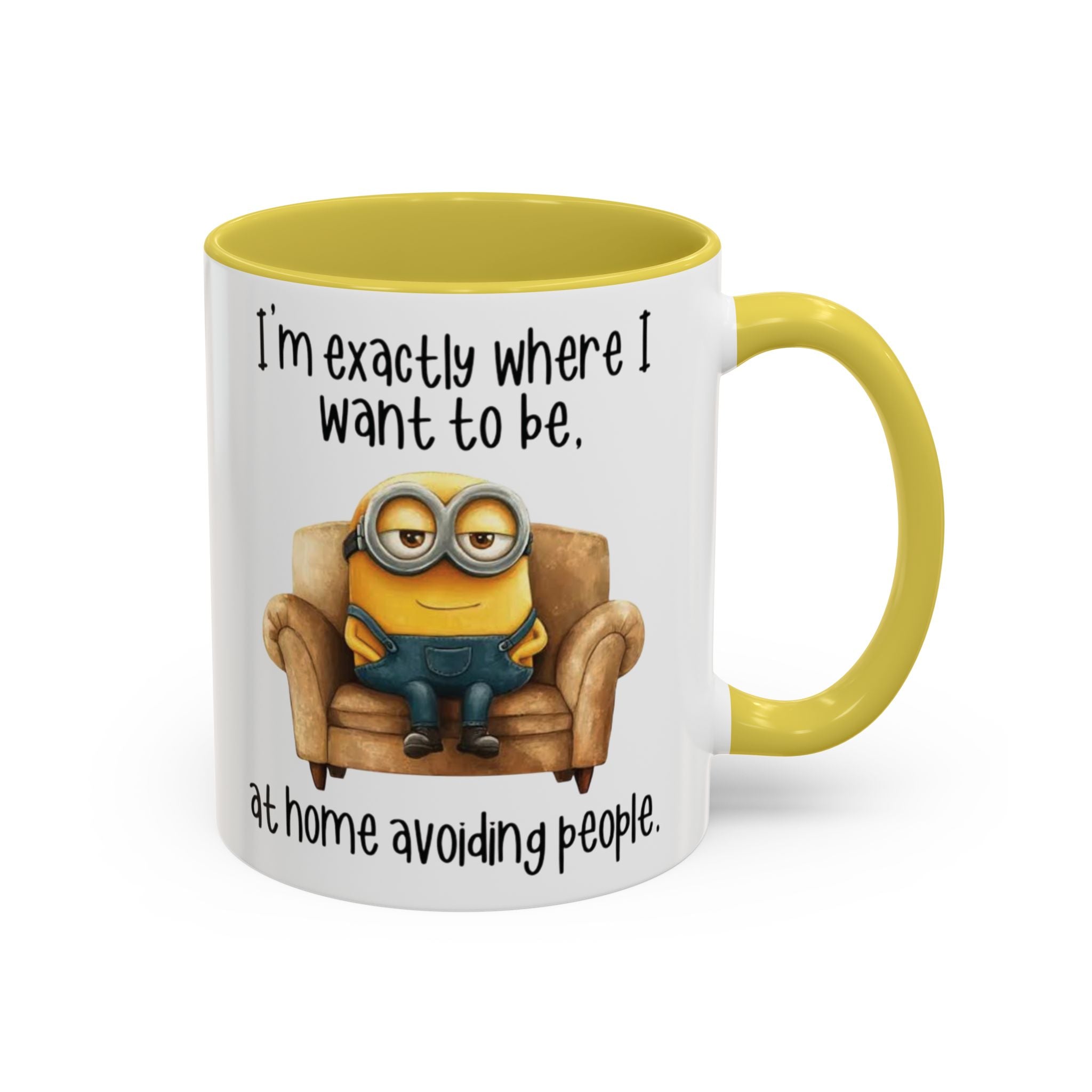 Funny Minion Two-Tone Coffee Mug, 11oz - I'm exactly where i want to be At home avoiding people, Novelty Ceramic Tea Cup, Unique Gift Idea
