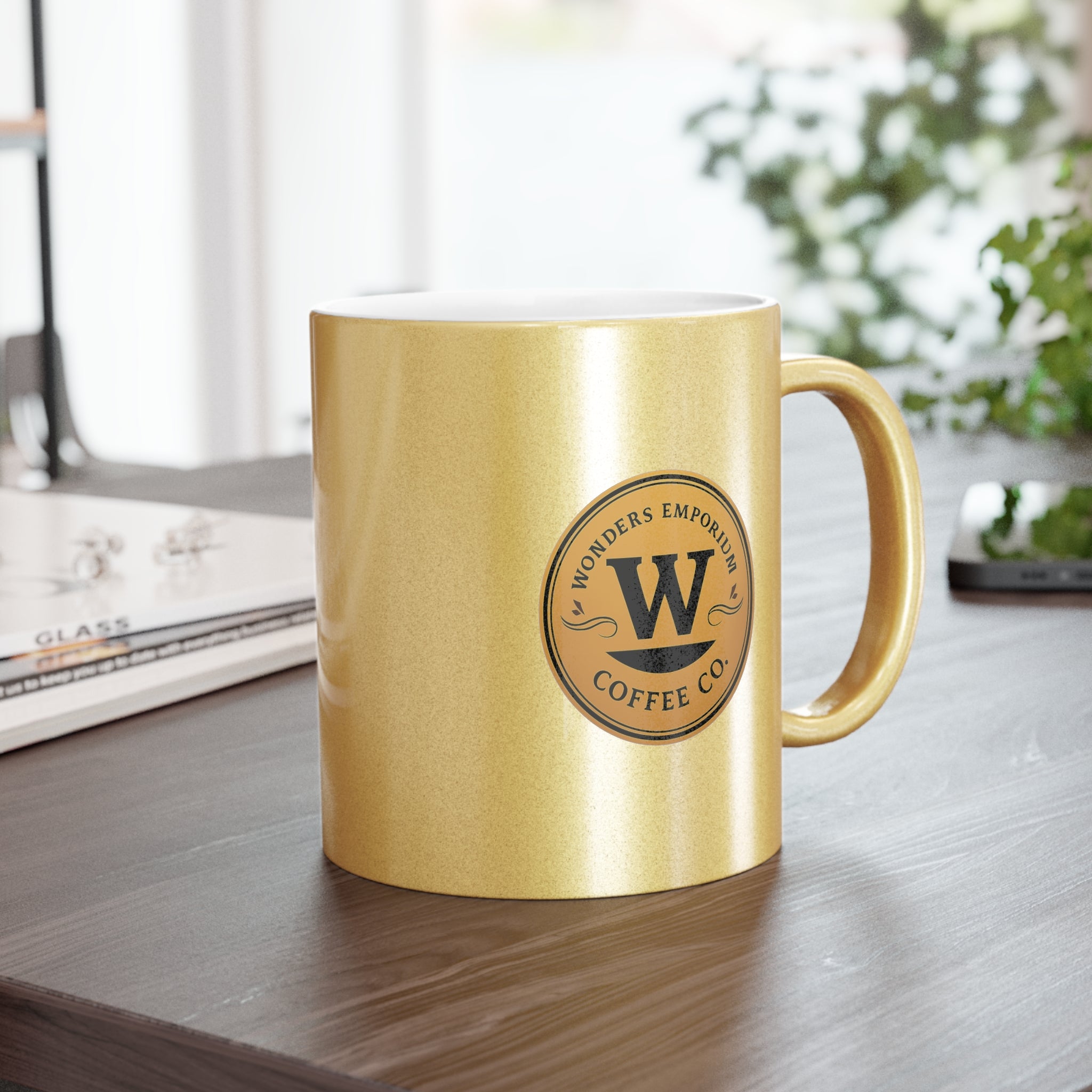 Wonders Emporium Coffee Co. Metallic Mug — Silver or Gold Office Cup