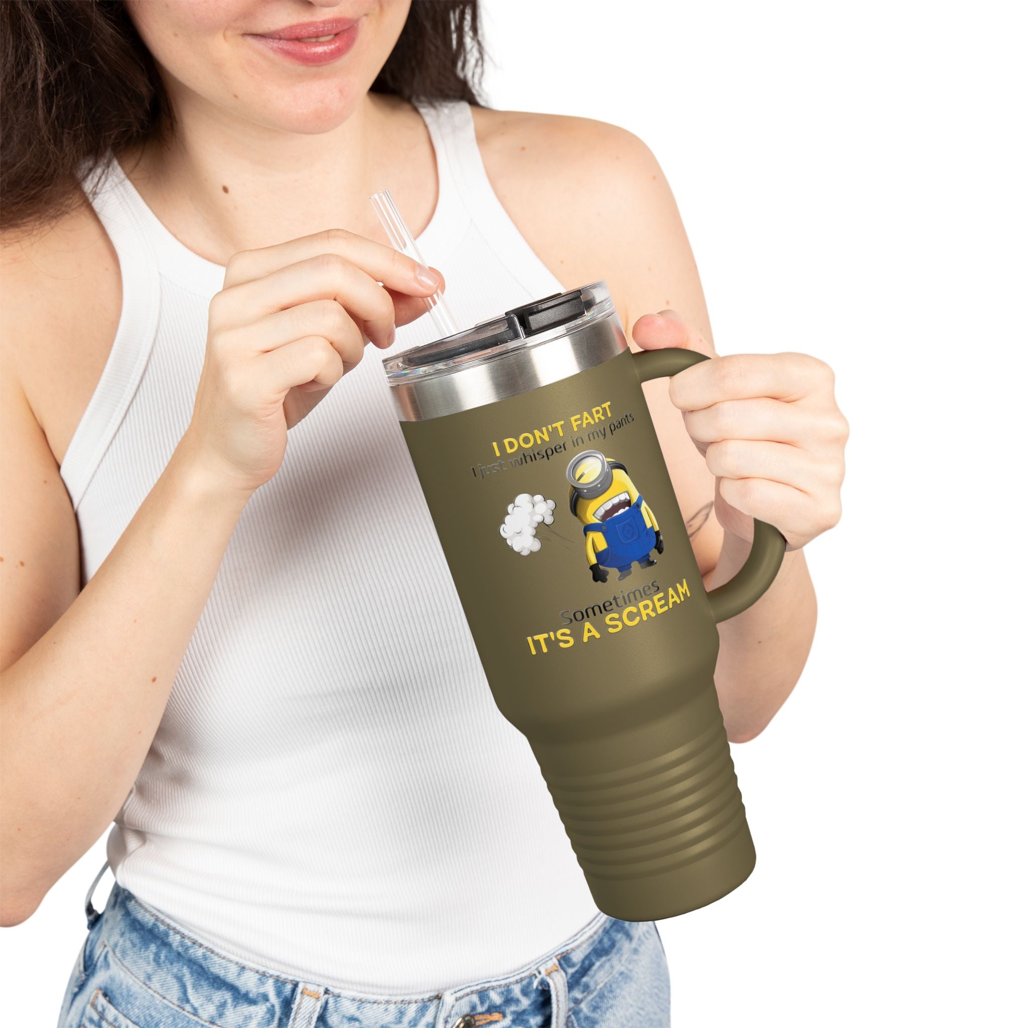 Funny Minion 'i dont fart I whisper' 40oz Insulated Travel Mug | Stainless Steel Tumbler for Hot and Cold Drinks, Novelty Cup, Travel Gift,