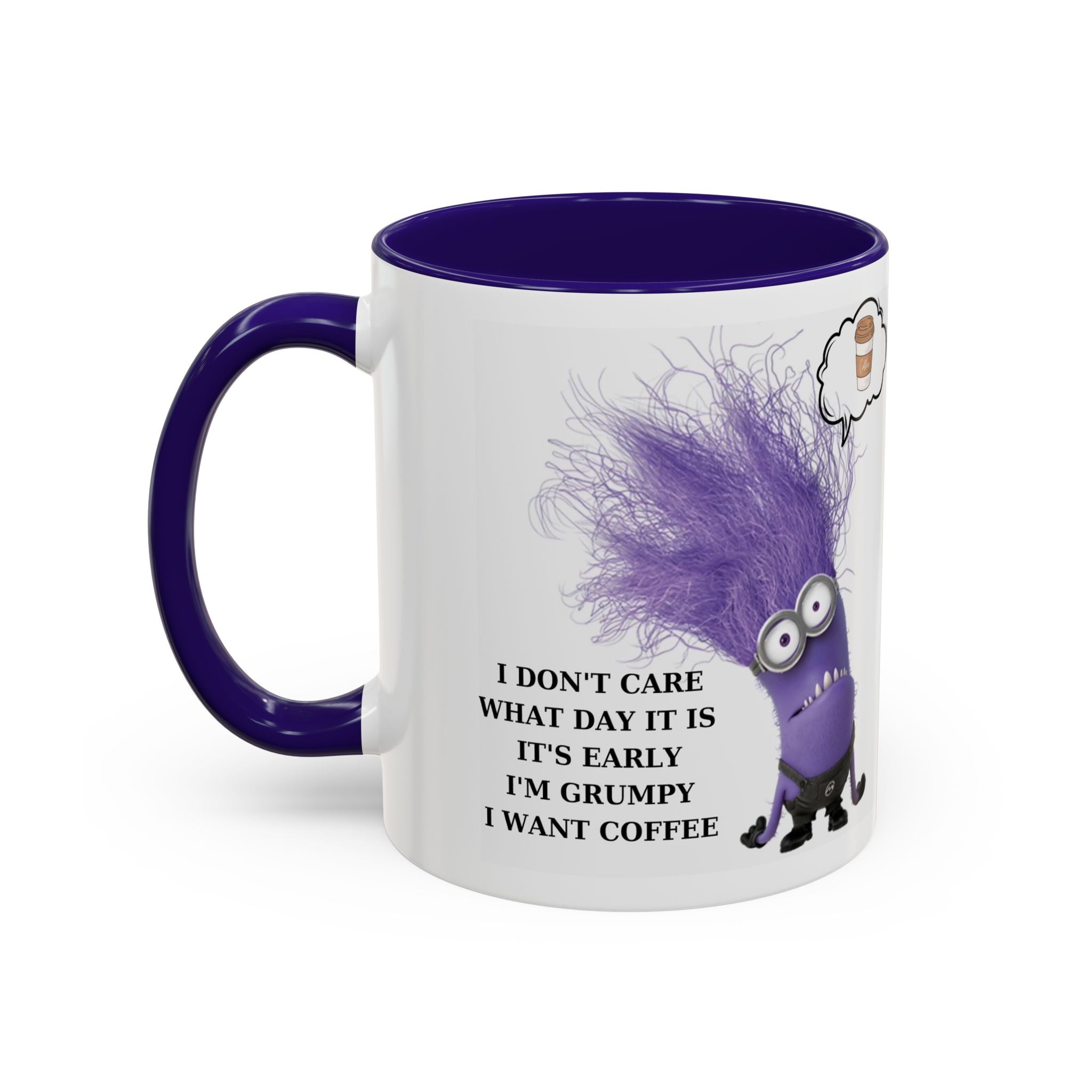 Funny Minion Two-Tone Coffee Mug, 11oz - I Don't Care What Day It Is, Funny Coffee Lover Gift, Grumpy Mug, Office Humor, Sarcastic Mug, Gift