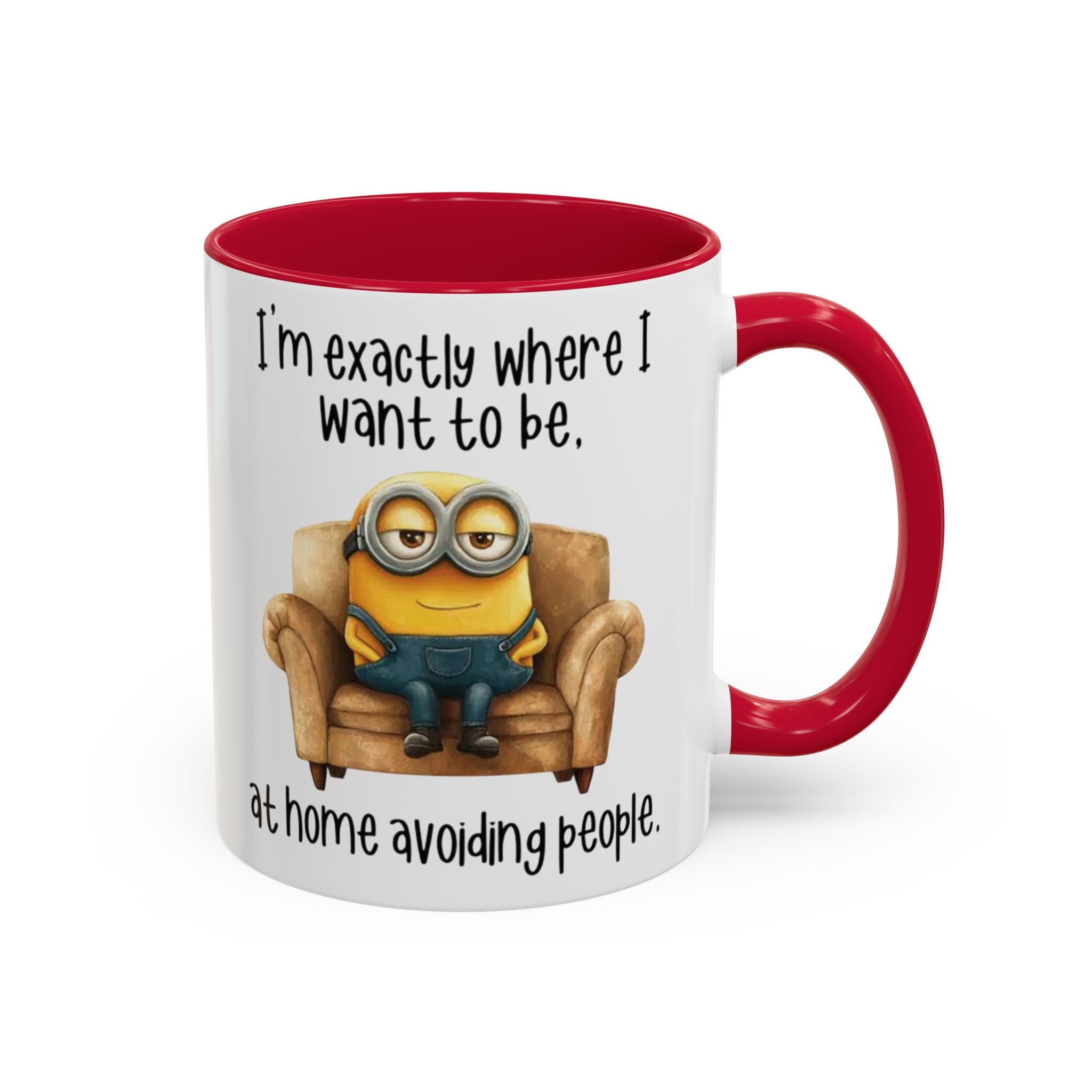Funny Minion Two-Tone Coffee Mug, 11oz - I'm exactly where i want to be At home avoiding people, Novelty Ceramic Tea Cup, Unique Gift Idea