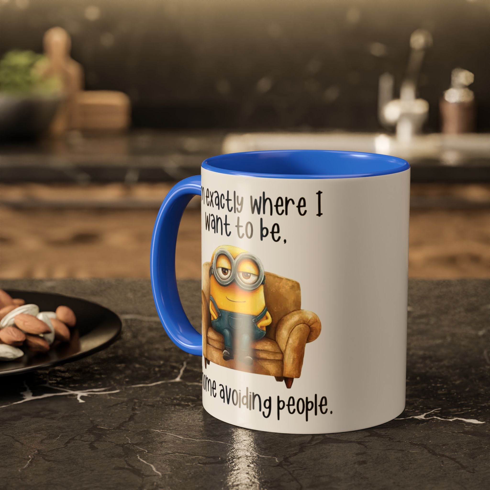 Funny Minion Two-Tone Coffee Mug, 11oz - I'm exactly where i want to be At home avoiding people, Novelty Ceramic Tea Cup, Unique Gift Idea