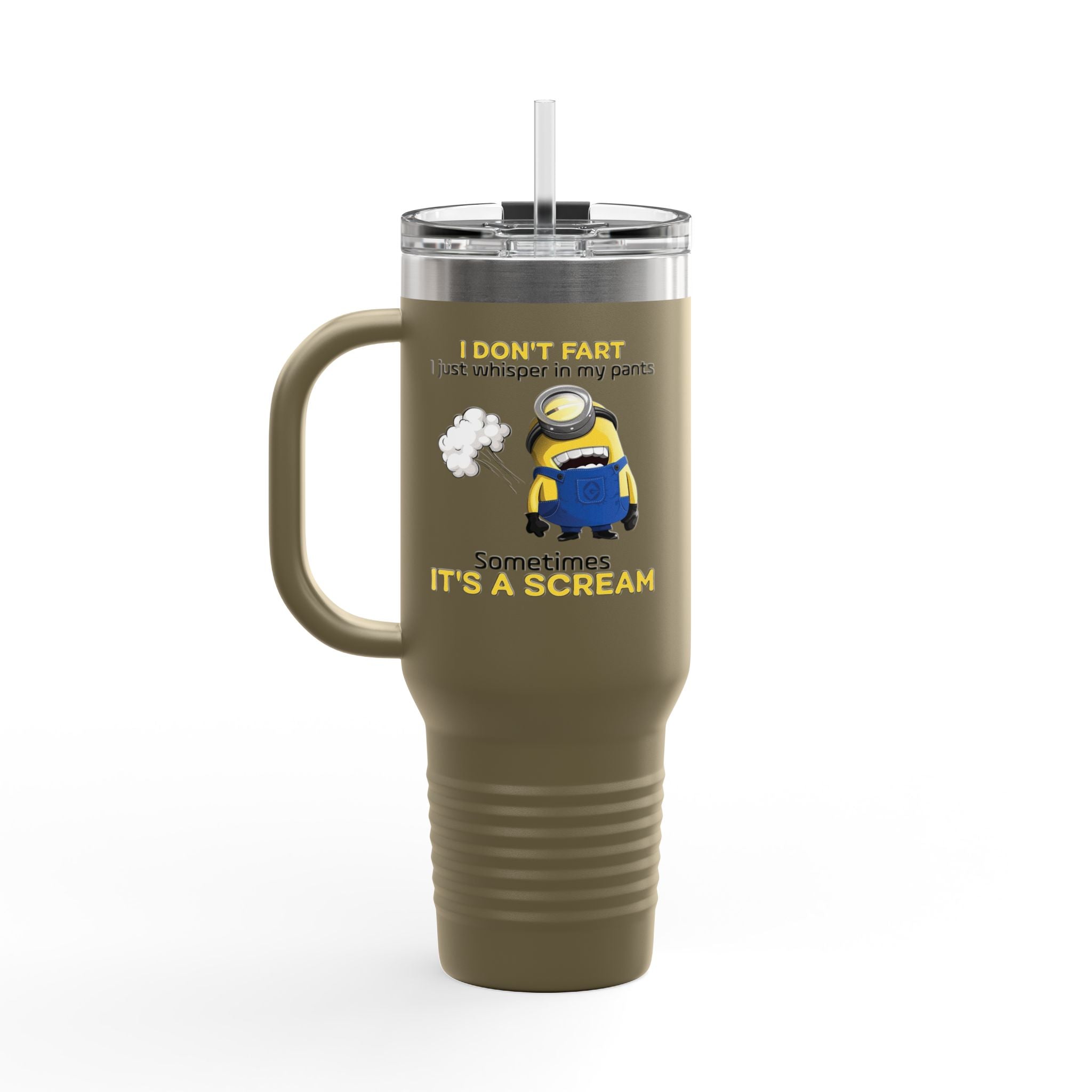 Funny Minion 'i dont fart I whisper' 40oz Insulated Travel Mug | Stainless Steel Tumbler for Hot and Cold Drinks, Novelty Cup, Travel Gift,