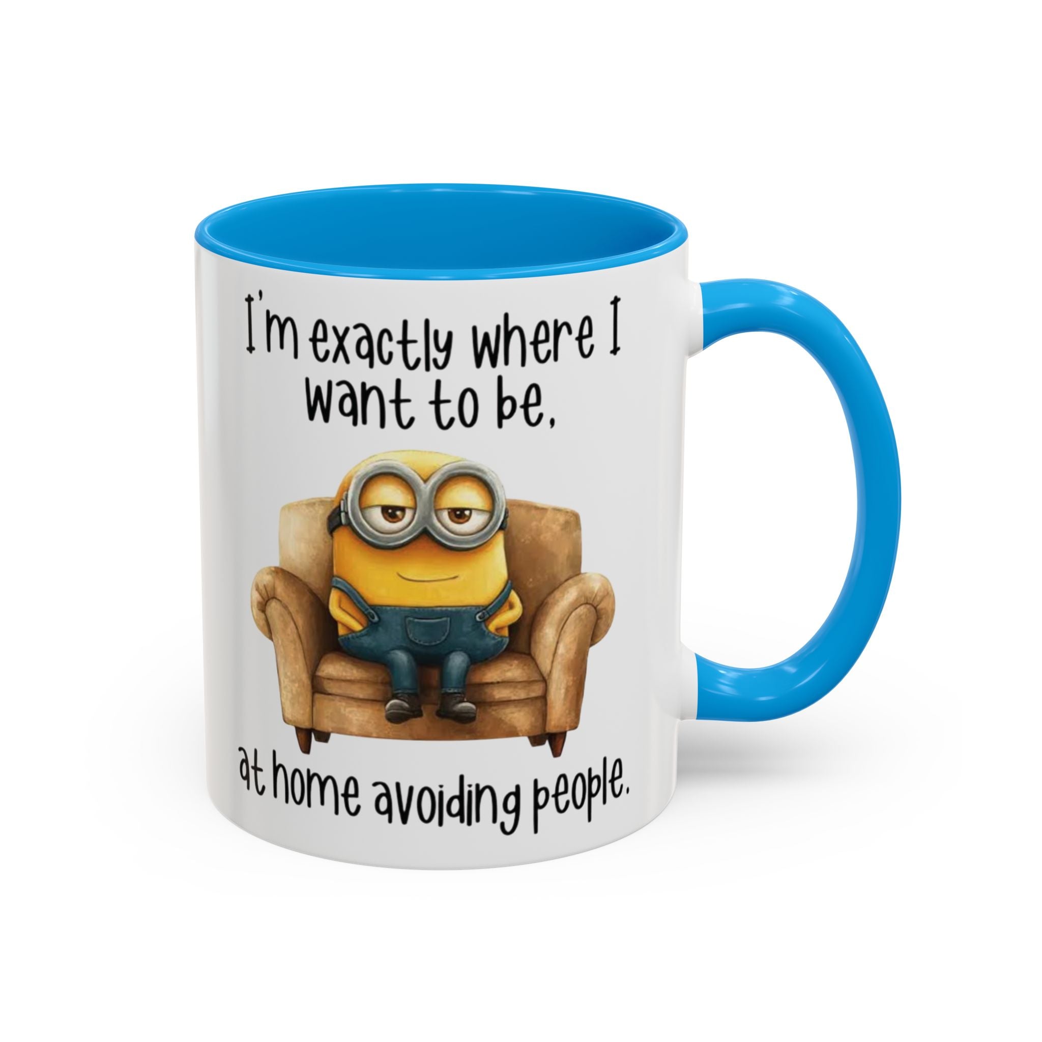 Funny Minion Two-Tone Coffee Mug, 11oz - I'm exactly where i want to be At home avoiding people, Novelty Ceramic Tea Cup, Unique Gift Idea