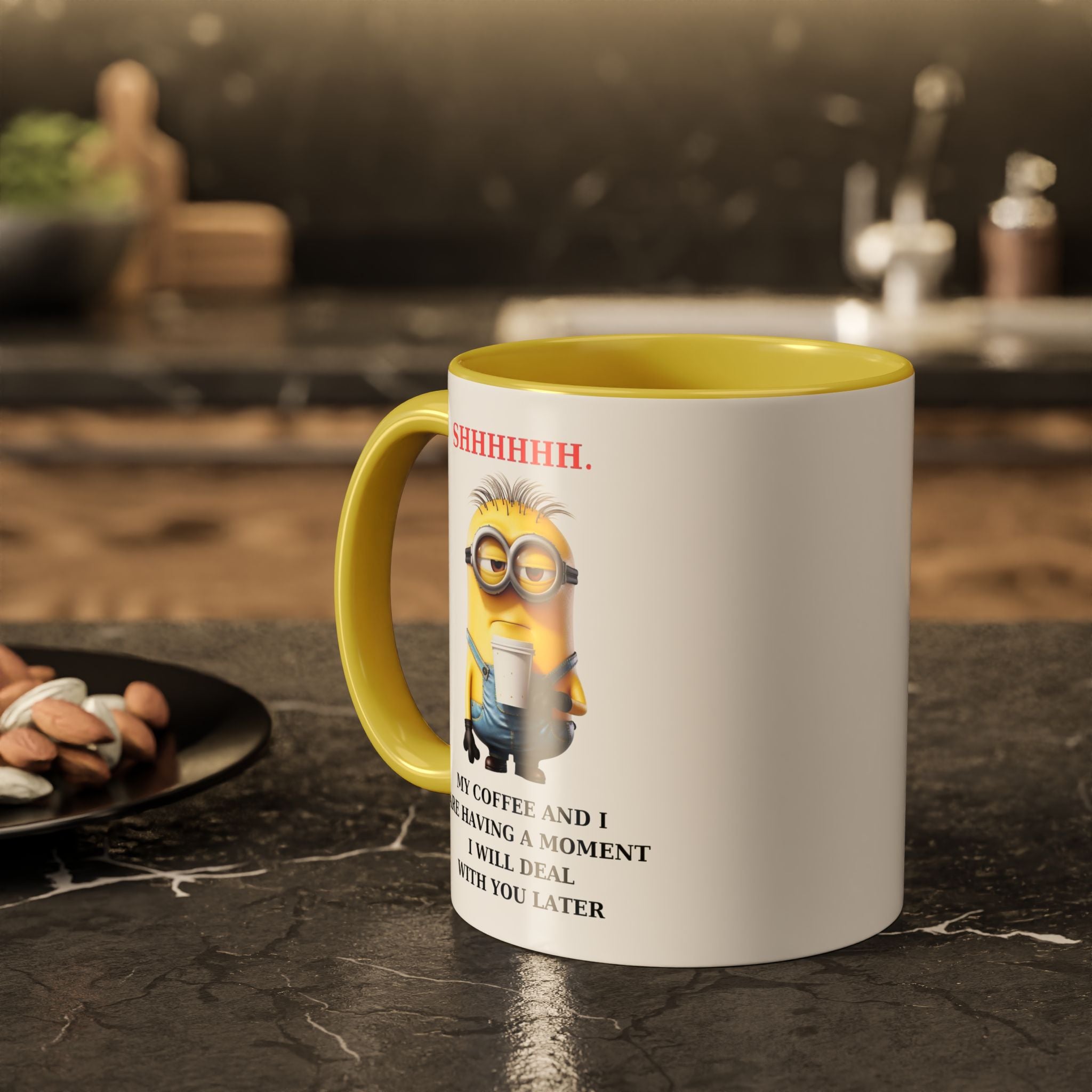 Funny Minion SHHHHHHH Two-Tone Coffee Mug, Novelty Cup, Cute Gift for Introverts, Office Humor, Sarcastic Statement, 11oz, Gift for Minion