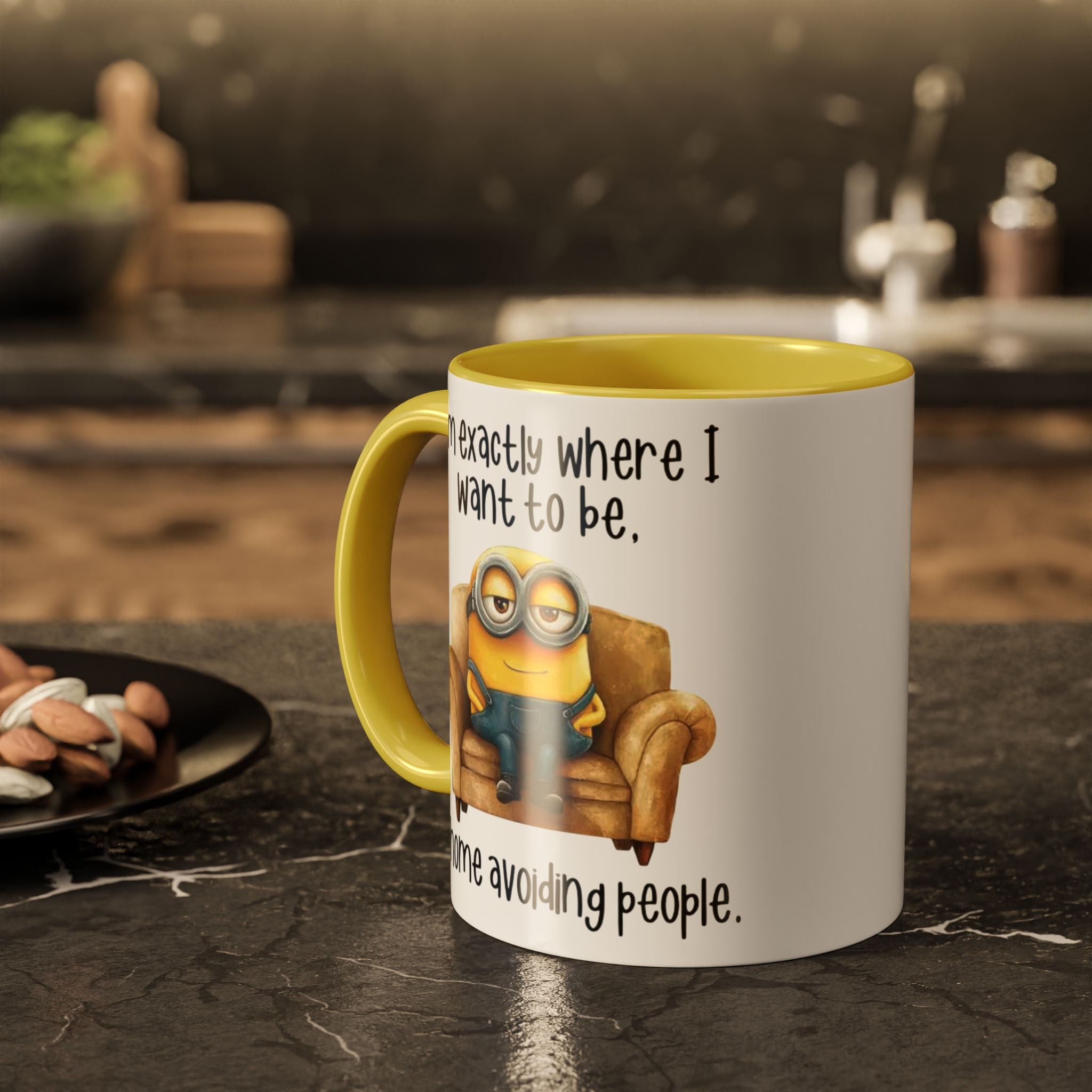 Funny Minion Two-Tone Coffee Mug, 11oz - I'm exactly where i want to be At home avoiding people, Novelty Ceramic Tea Cup, Unique Gift Idea