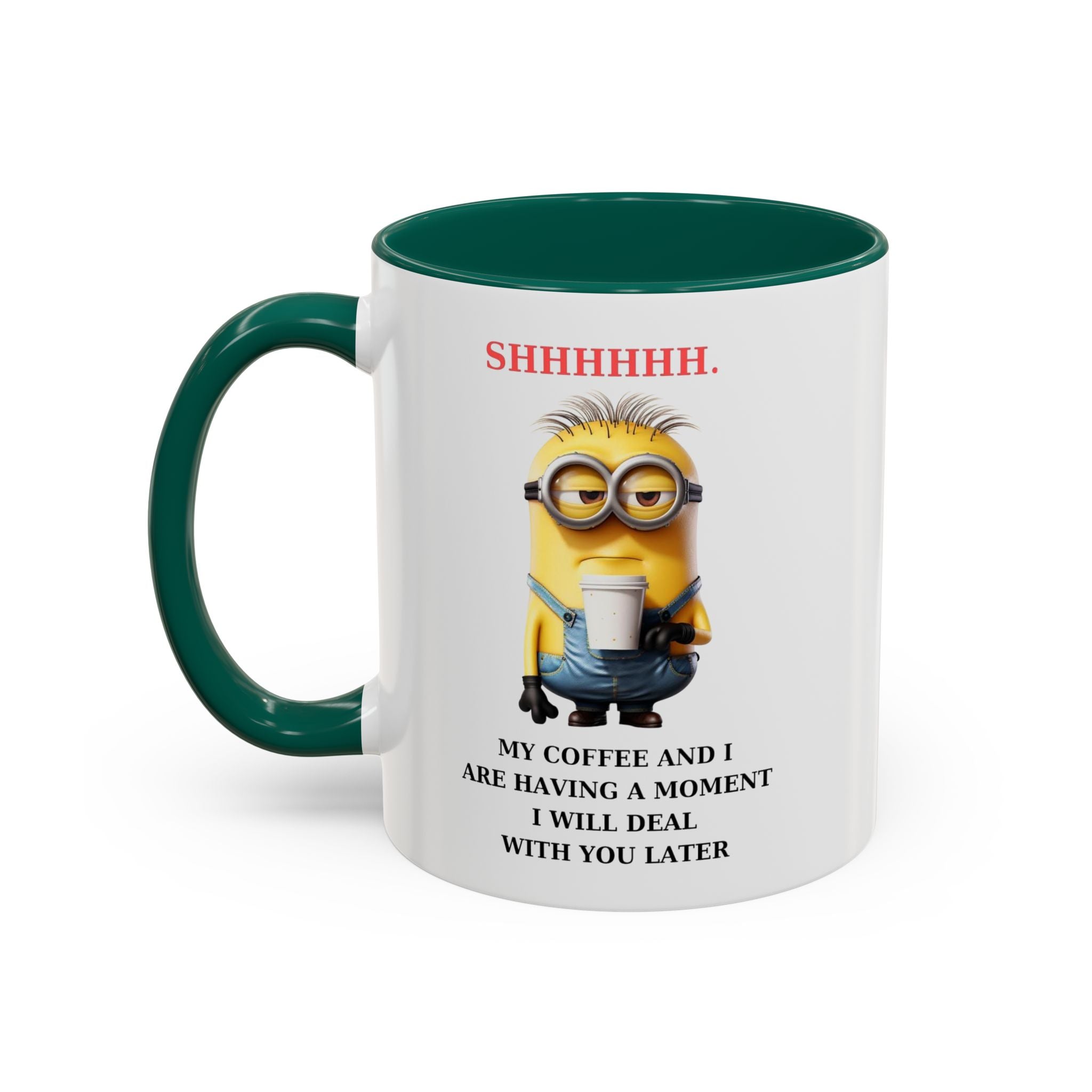 Funny Minion SHHHHHHH Two-Tone Coffee Mug, Novelty Cup, Cute Gift for Introverts, Office Humor, Sarcastic Statement, 11oz, Gift for Minion