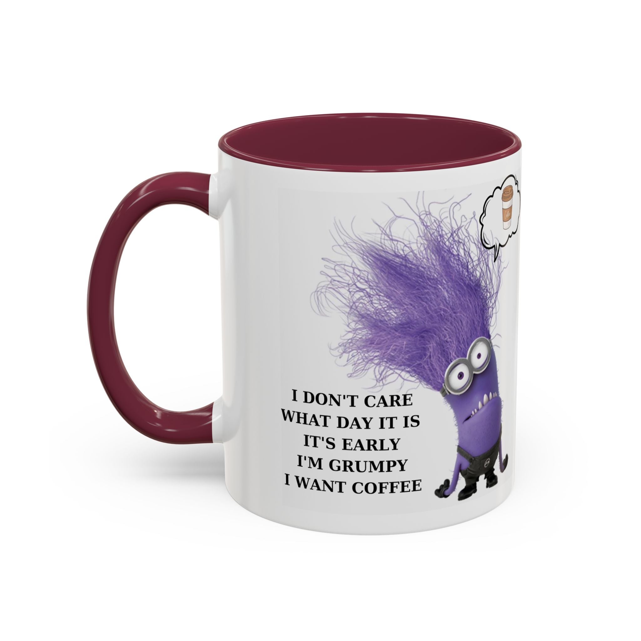 Funny Minion Two-Tone Coffee Mug, 11oz - I Don't Care What Day It Is, Funny Coffee Lover Gift, Grumpy Mug, Office Humor, Sarcastic Mug, Gift