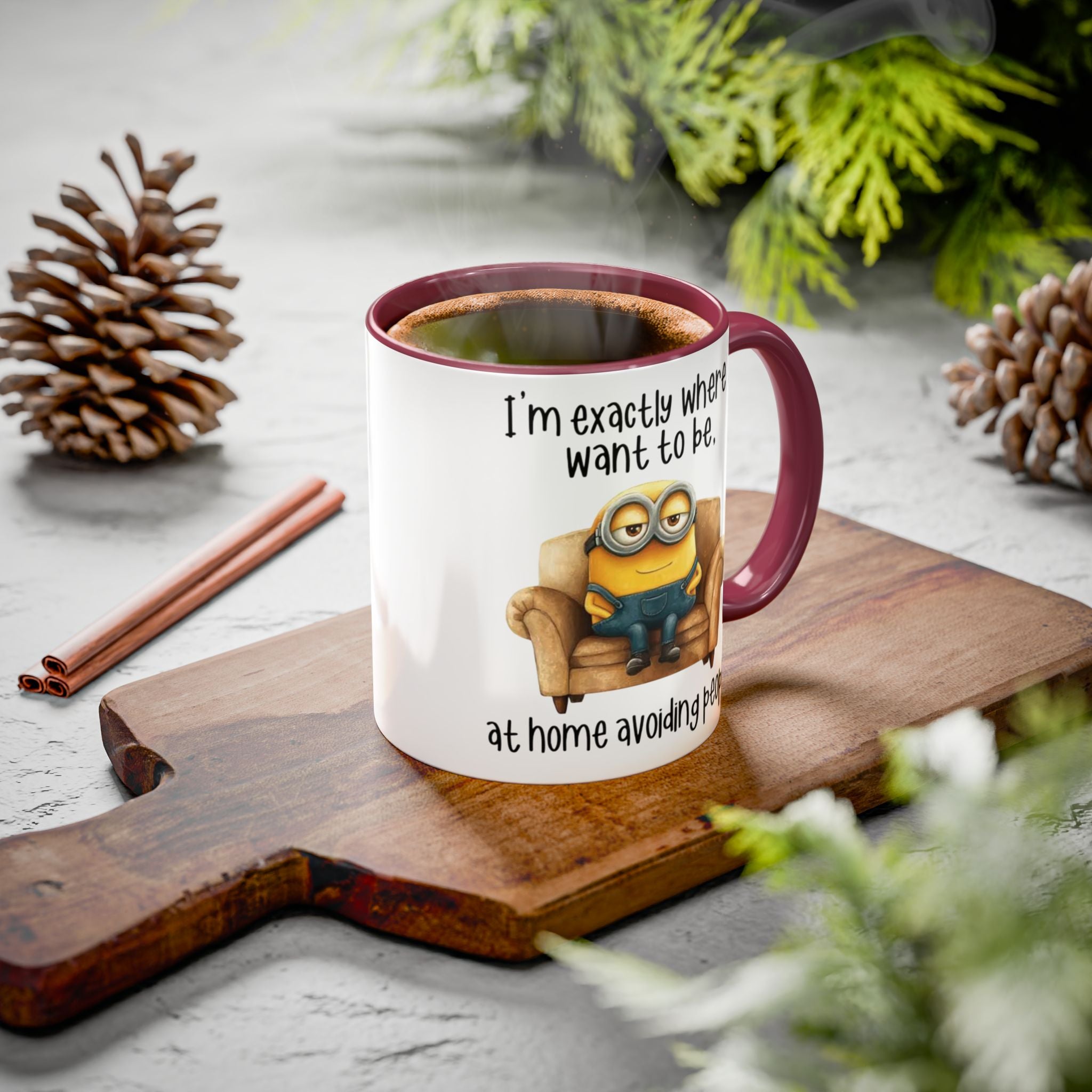 Funny Minion Two-Tone Coffee Mug, 11oz - I'm exactly where i want to be At home avoiding people, Novelty Ceramic Tea Cup, Unique Gift Idea