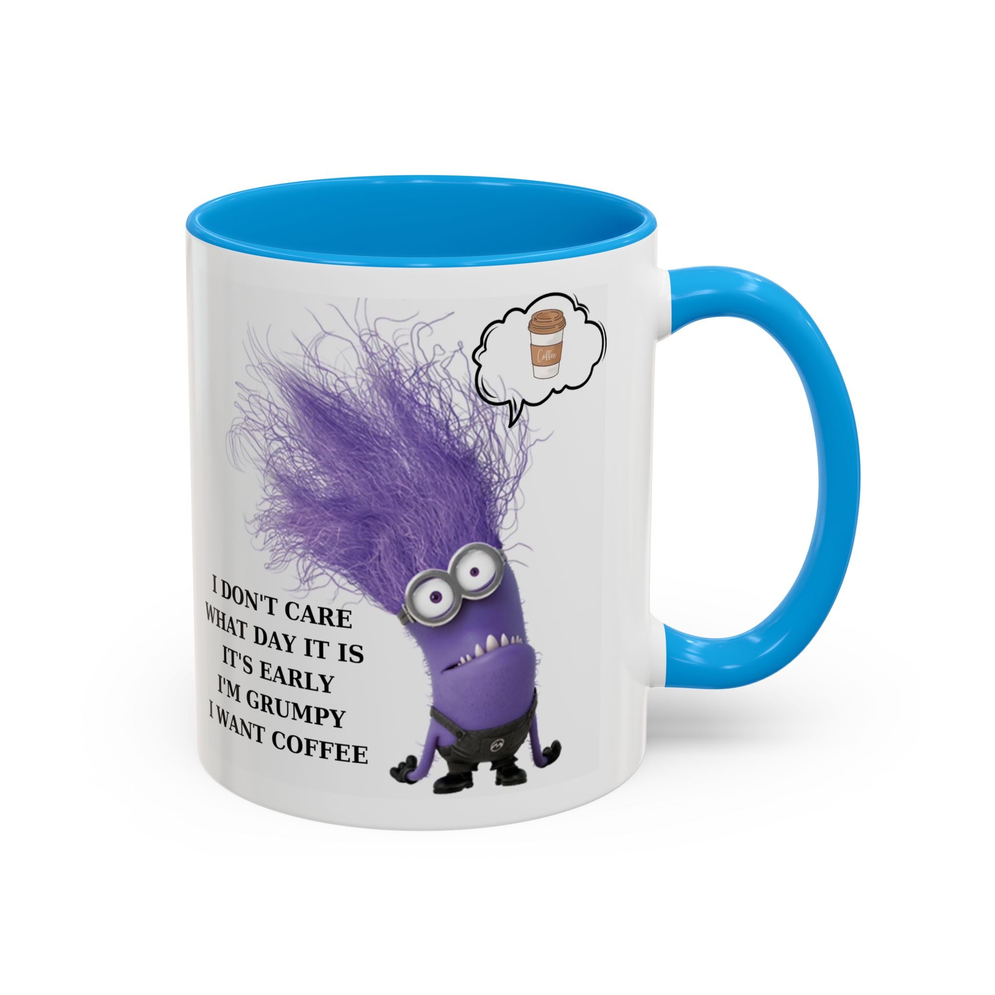 Funny Minion Two-Tone Coffee Mug, 11oz - I Don't Care What Day It Is, Funny Coffee Lover Gift, Grumpy Mug, Office Humor, Sarcastic Mug, Gift
