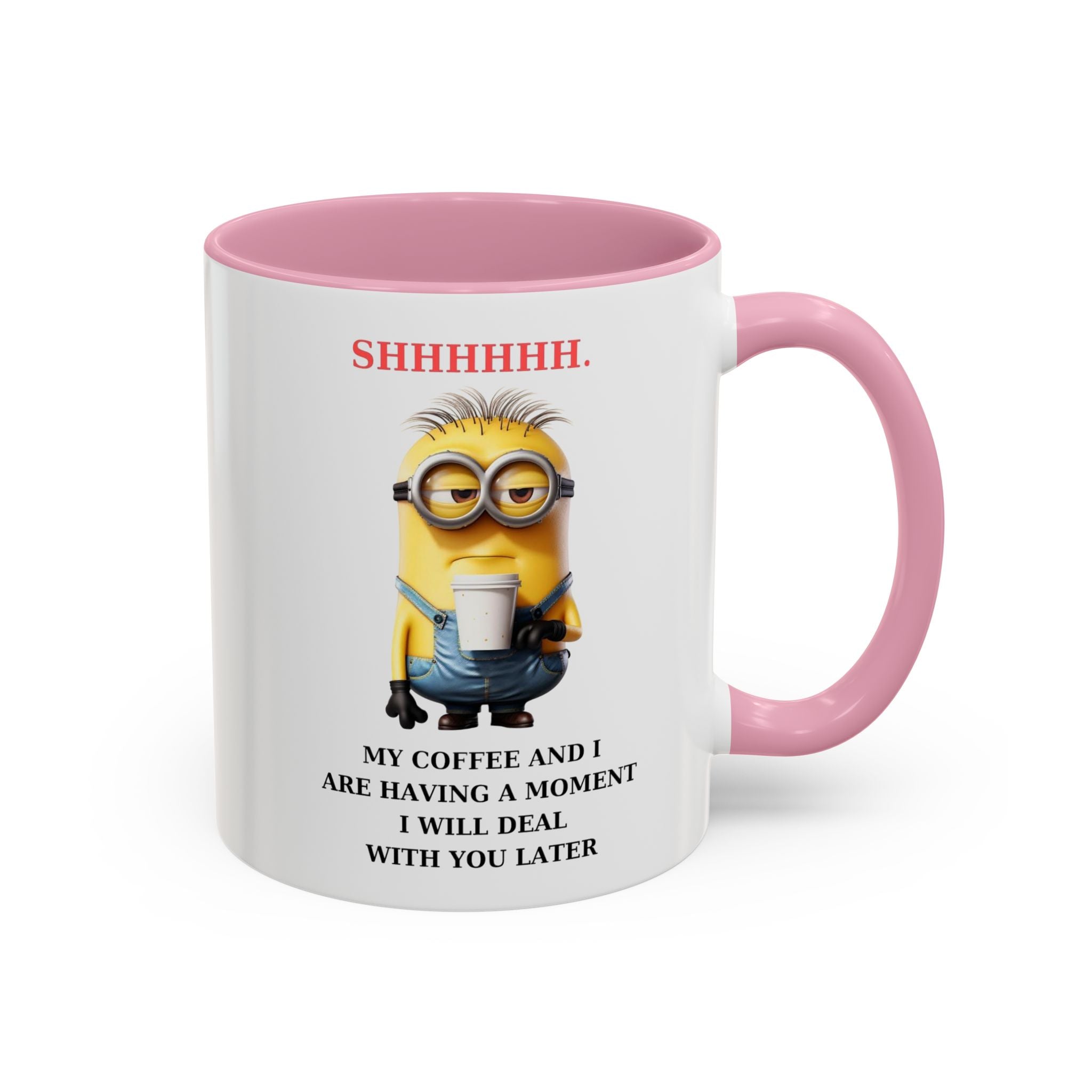 Funny Minion SHHHHHHH Two-Tone Coffee Mug, Novelty Cup, Cute Gift for Introverts, Office Humor, Sarcastic Statement, 11oz, Gift for Minion