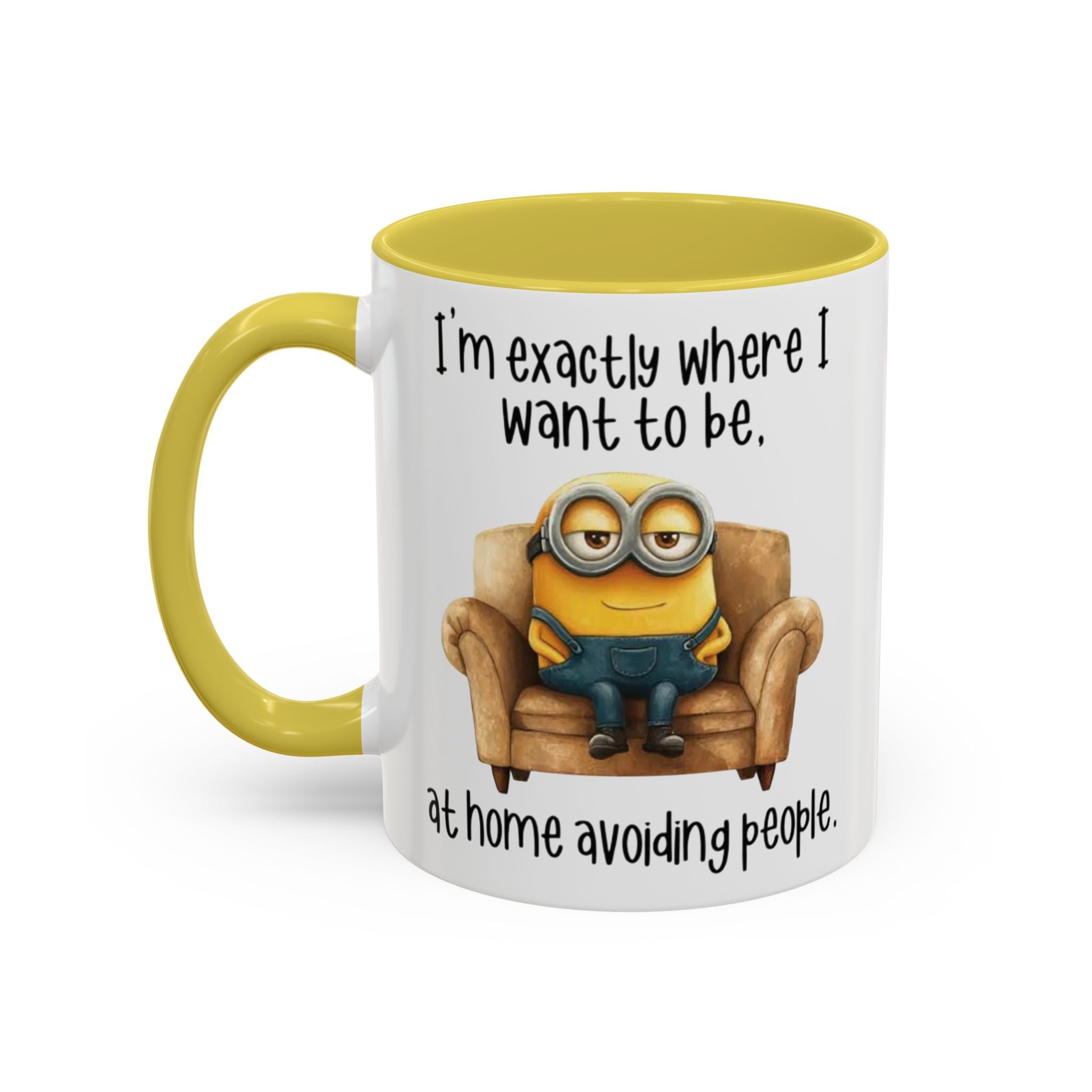 Funny Minion Two-Tone Coffee Mug, 11oz - I'm exactly where i want to be At home avoiding people, Novelty Ceramic Tea Cup, Unique Gift Idea