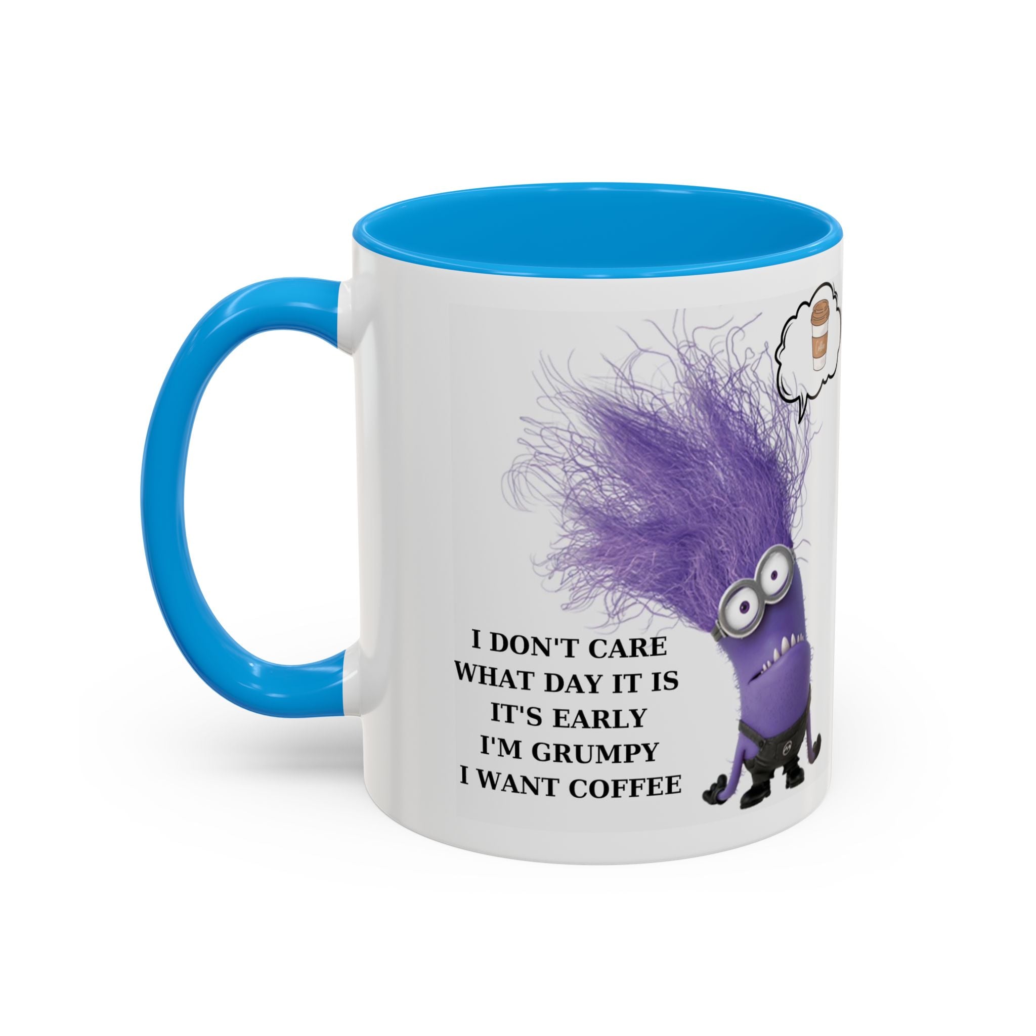Funny Minion Two-Tone Coffee Mug, 11oz - I Don't Care What Day It Is, Funny Coffee Lover Gift, Grumpy Mug, Office Humor, Sarcastic Mug, Gift