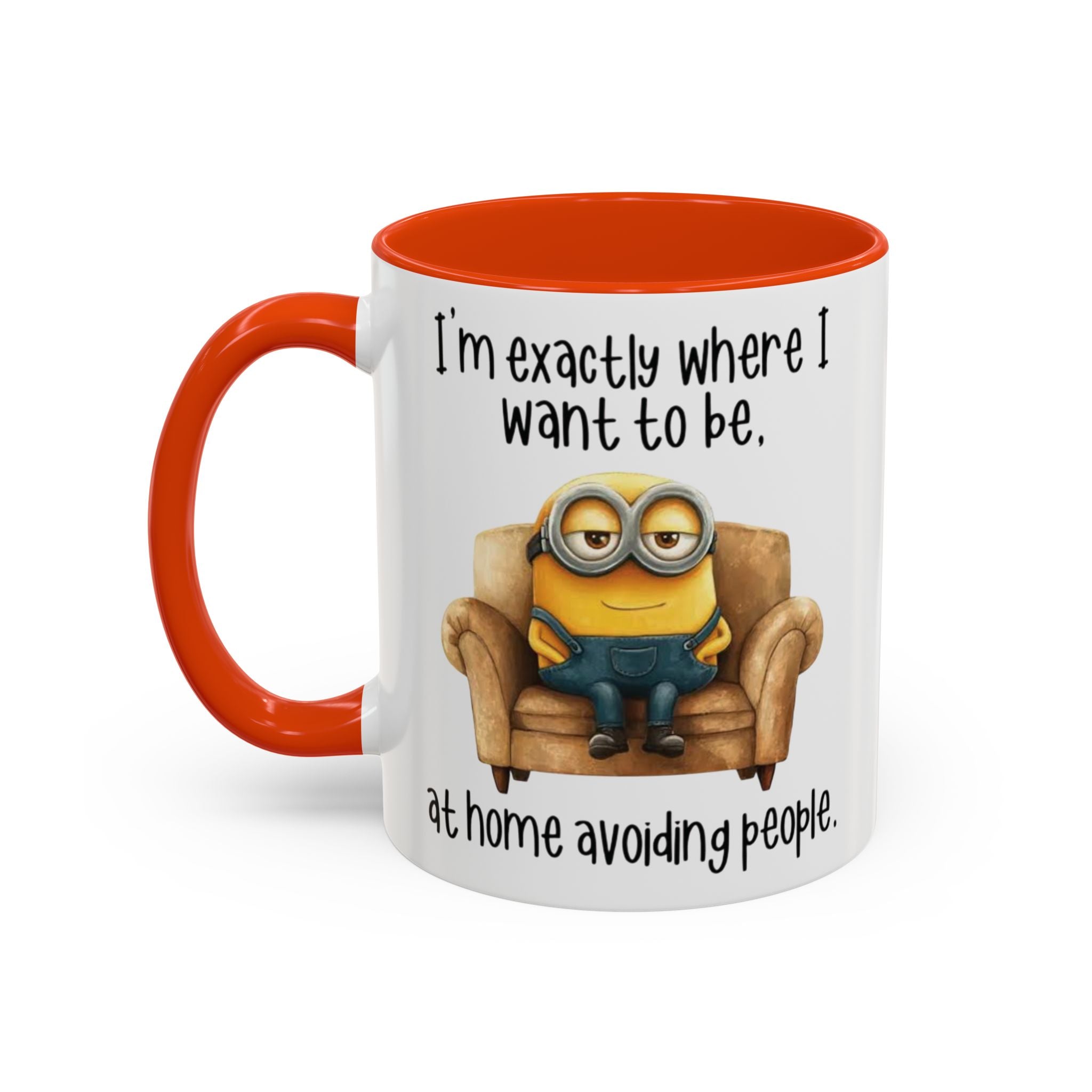 Funny Minion Two-Tone Coffee Mug, 11oz - I'm exactly where i want to be At home avoiding people, Novelty Ceramic Tea Cup, Unique Gift Idea