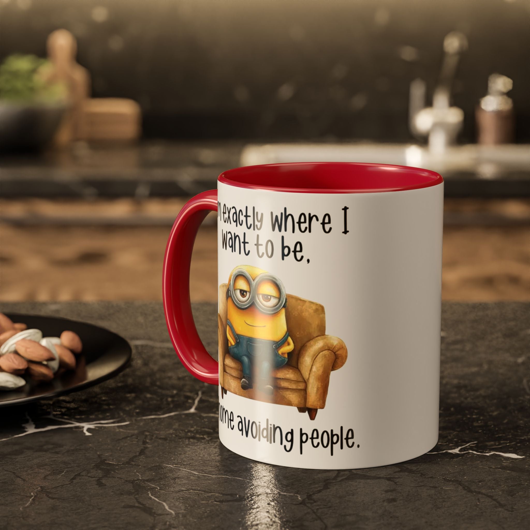 Funny Minion Two-Tone Coffee Mug, 11oz - I'm exactly where i want to be At home avoiding people, Novelty Ceramic Tea Cup, Unique Gift Idea