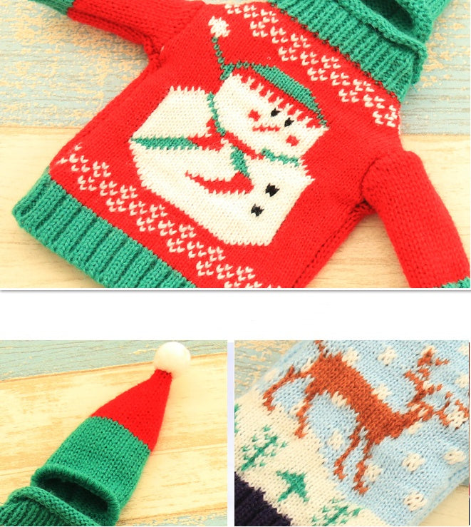 Christmas Wine Bottle Outfit – Wool Sweater & Hat Set | Joy, Tree, Elk, or Snowman Design | Festive Holiday Table Décor Gift