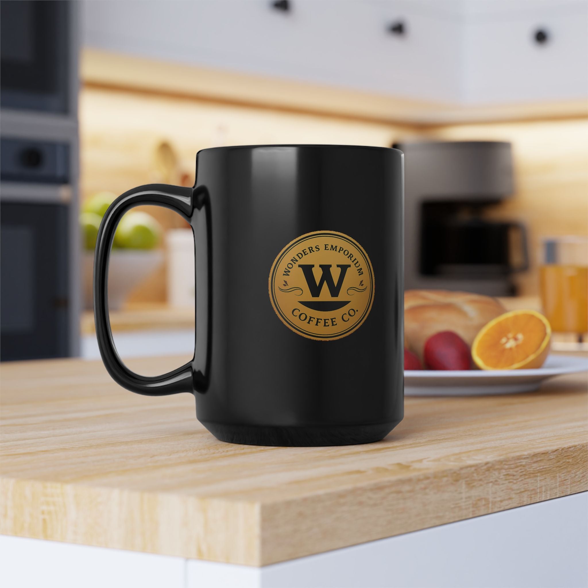 Wonders Emporium Coffee Co. Logo Black Ceramic Mug — 11oz & 15oz