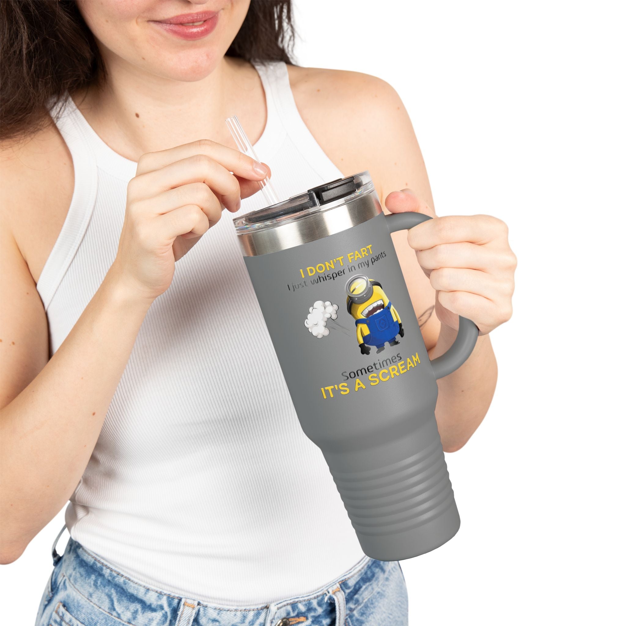 Funny Minion 'i dont fart I whisper' 40oz Insulated Travel Mug | Stainless Steel Tumbler for Hot and Cold Drinks, Novelty Cup, Travel Gift,