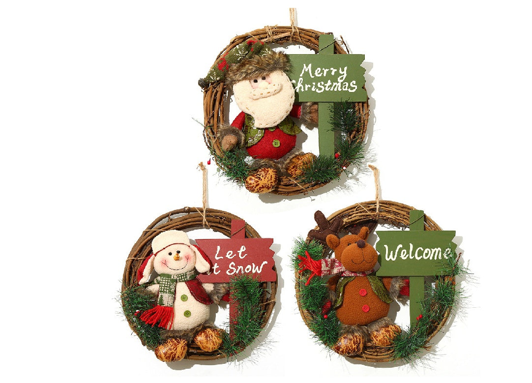 Christmas Wreath – Fabric & Rattan Door Décor | Merry Christmas, Let It Snow, or Welcome Design | Holiday Front Door Decoration Gift