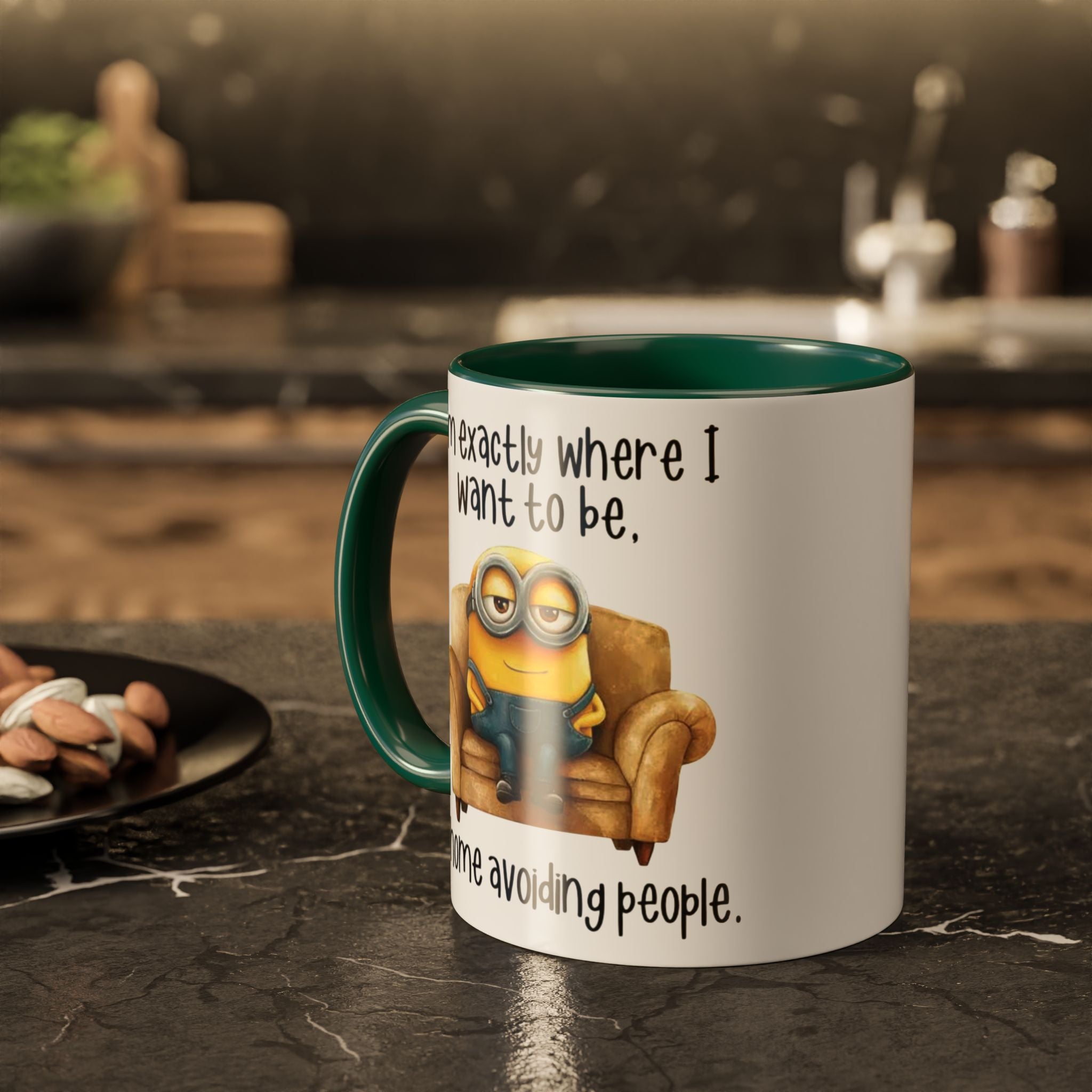 Funny Minion Two-Tone Coffee Mug, 11oz - I'm exactly where i want to be At home avoiding people, Novelty Ceramic Tea Cup, Unique Gift Idea