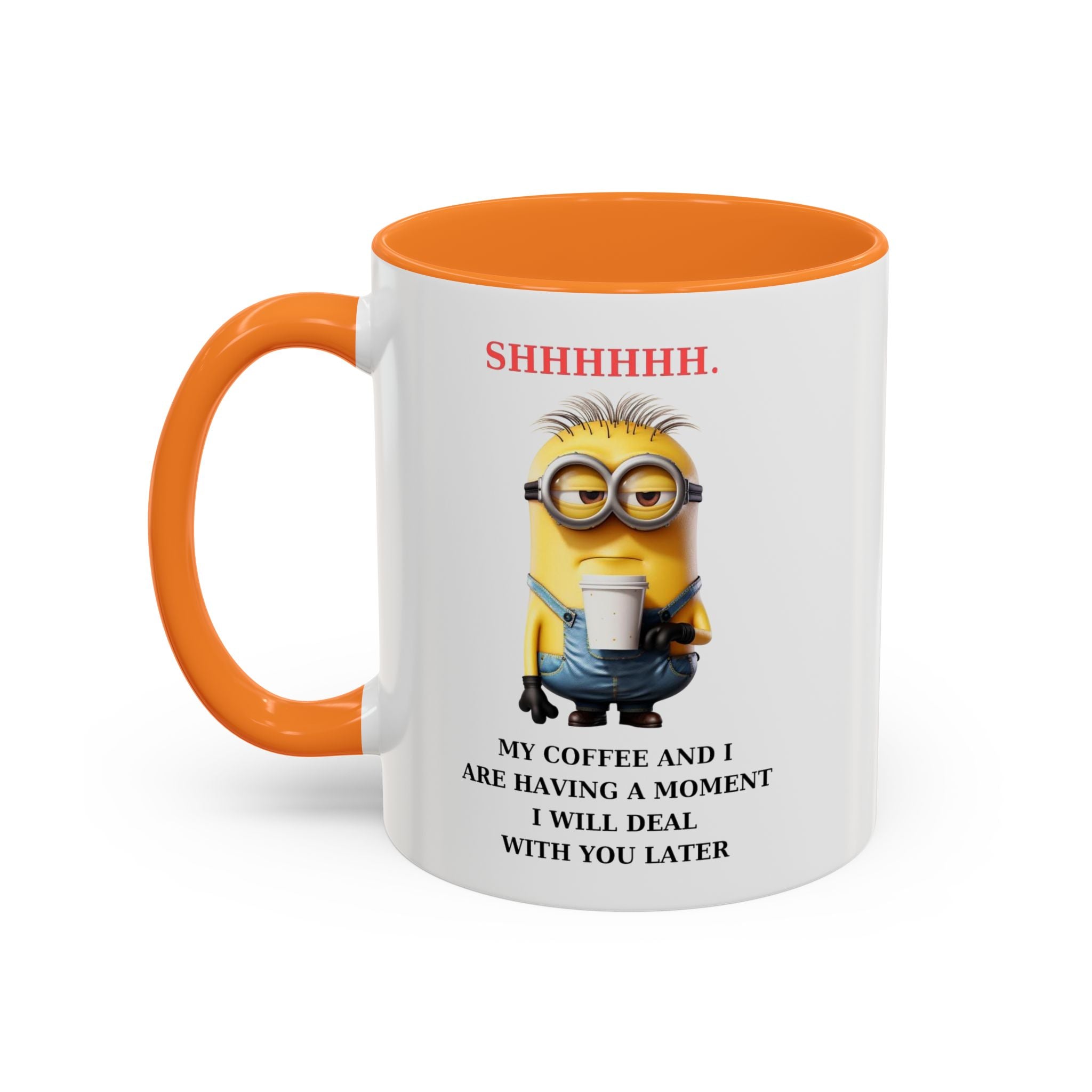 Funny Minion SHHHHHHH Two-Tone Coffee Mug, Novelty Cup, Cute Gift for Introverts, Office Humor, Sarcastic Statement, 11oz, Gift for Minion