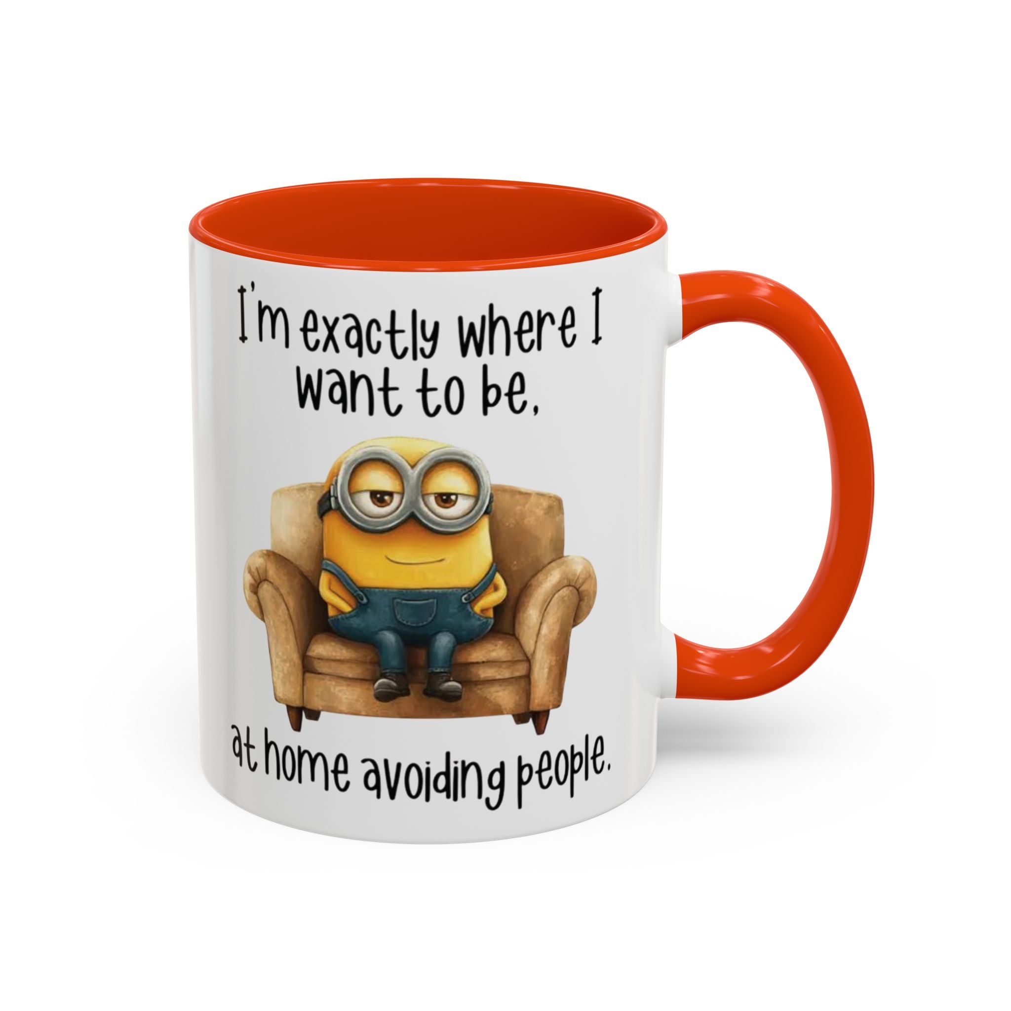 Funny Minion Two-Tone Coffee Mug, 11oz - I'm exactly where i want to be At home avoiding people, Novelty Ceramic Tea Cup, Unique Gift Idea