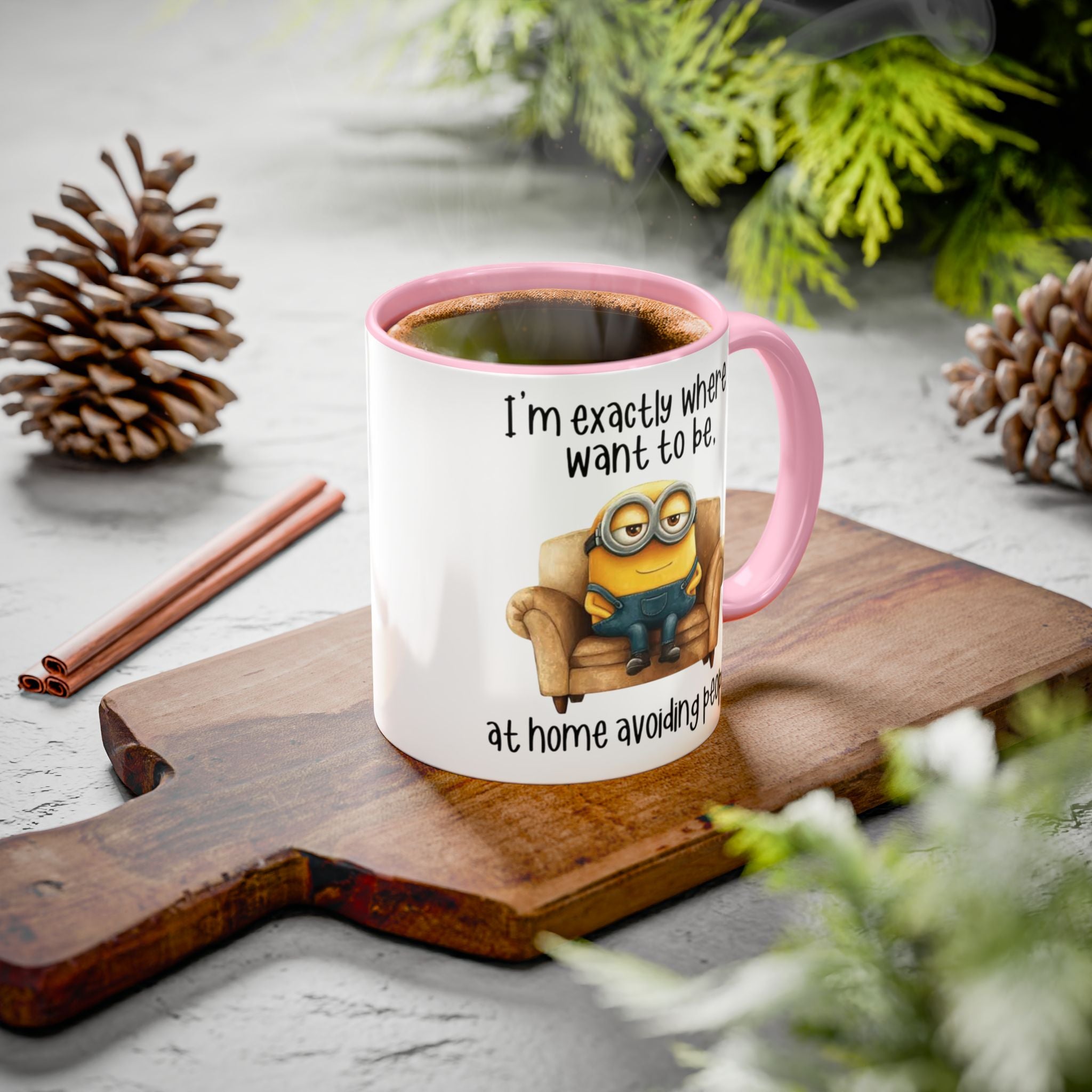 Funny Minion Two-Tone Coffee Mug, 11oz - I'm exactly where i want to be At home avoiding people, Novelty Ceramic Tea Cup, Unique Gift Idea