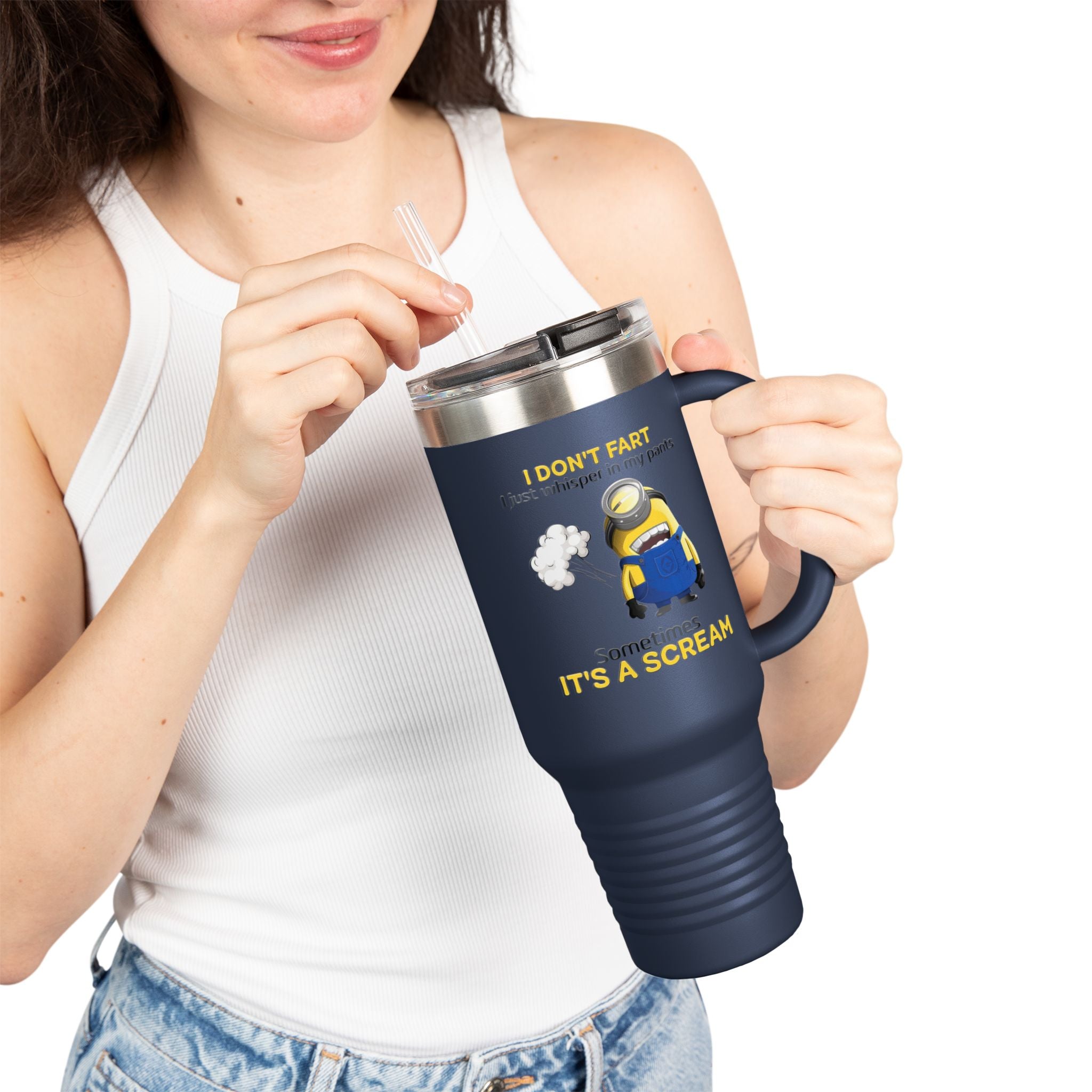 Funny Minion 'i dont fart I whisper' 40oz Insulated Travel Mug | Stainless Steel Tumbler for Hot and Cold Drinks, Novelty Cup, Travel Gift,