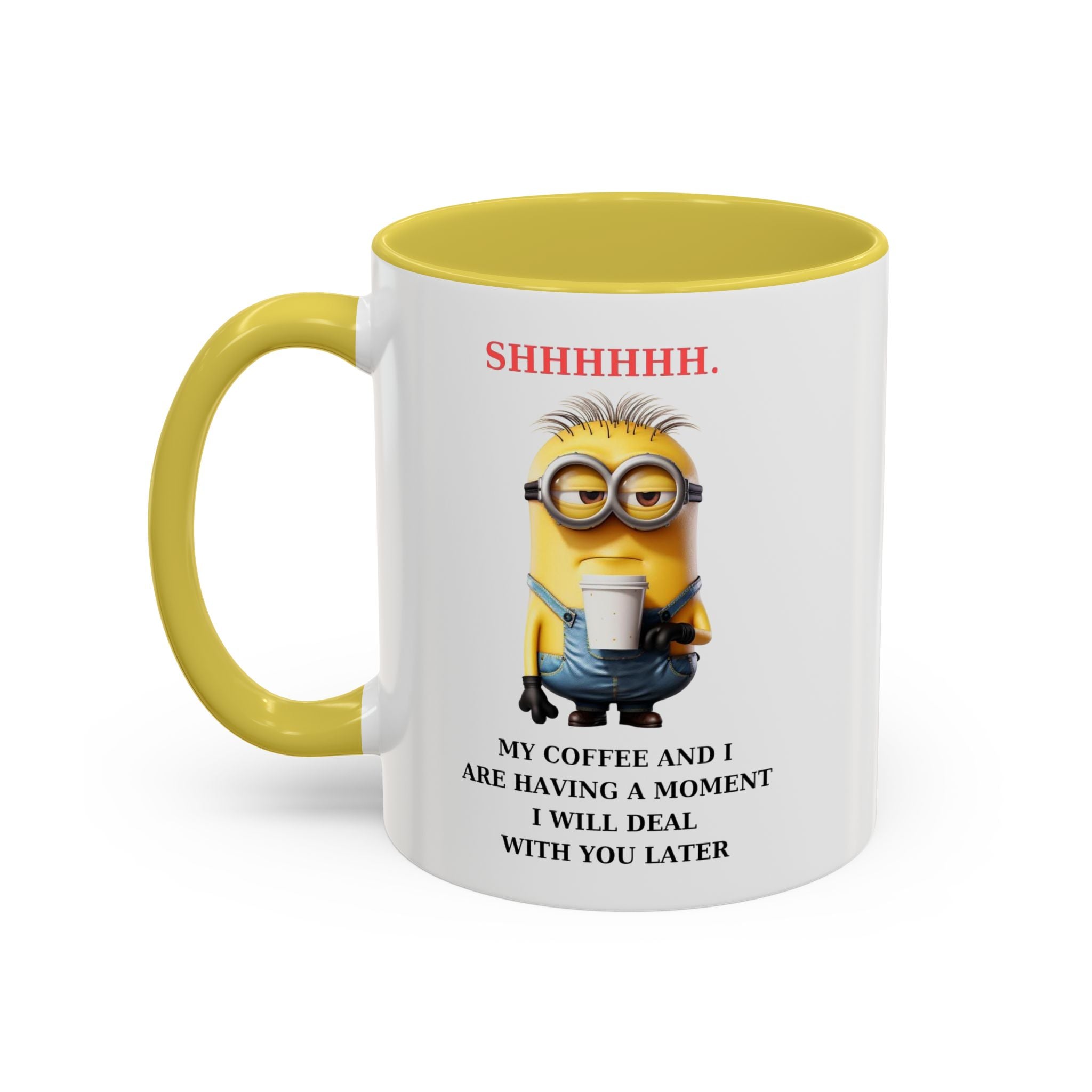 Funny Minion SHHHHHHH Two-Tone Coffee Mug, Novelty Cup, Cute Gift for Introverts, Office Humor, Sarcastic Statement, 11oz, Gift for Minion