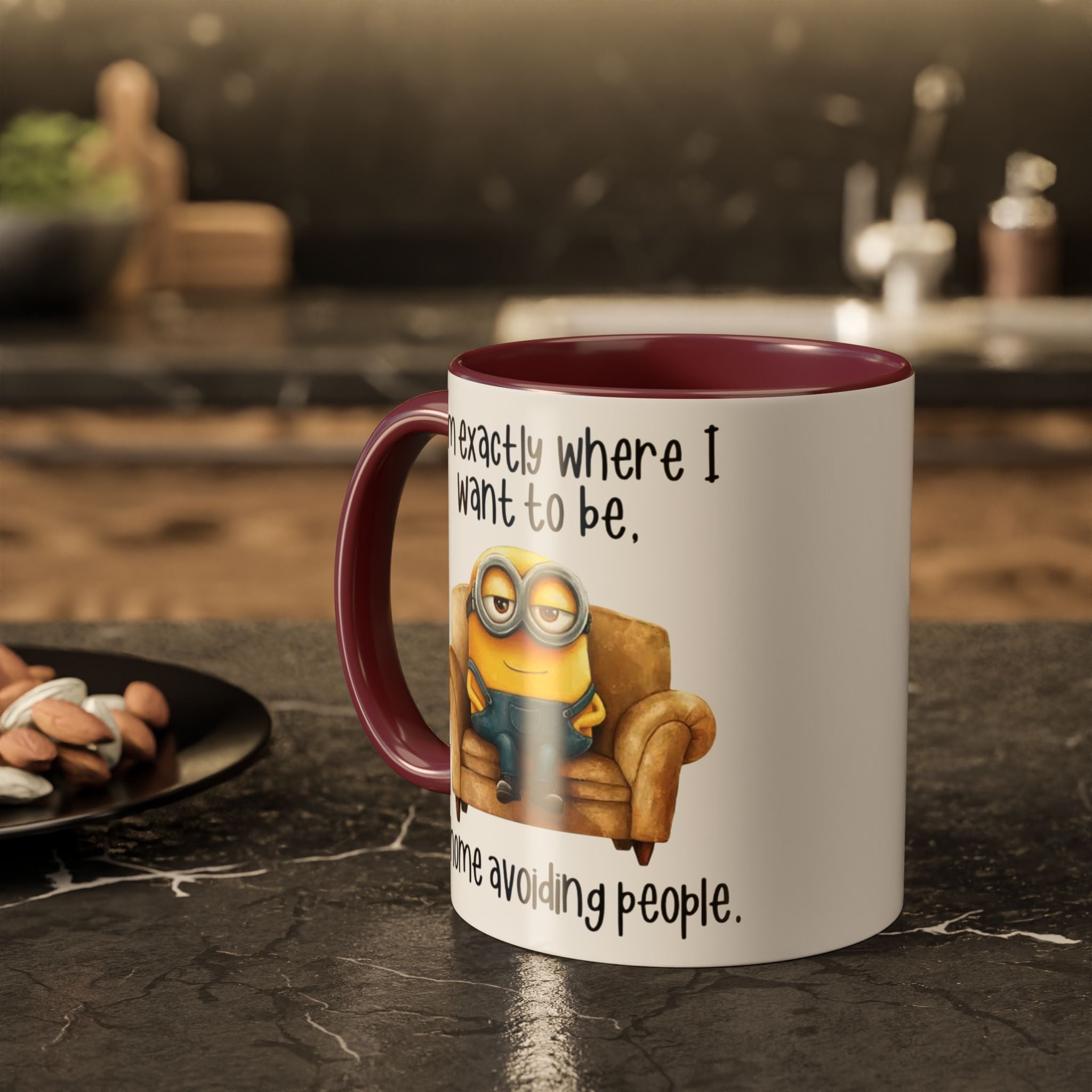 Funny Minion Two-Tone Coffee Mug, 11oz - I'm exactly where i want to be At home avoiding people, Novelty Ceramic Tea Cup, Unique Gift Idea