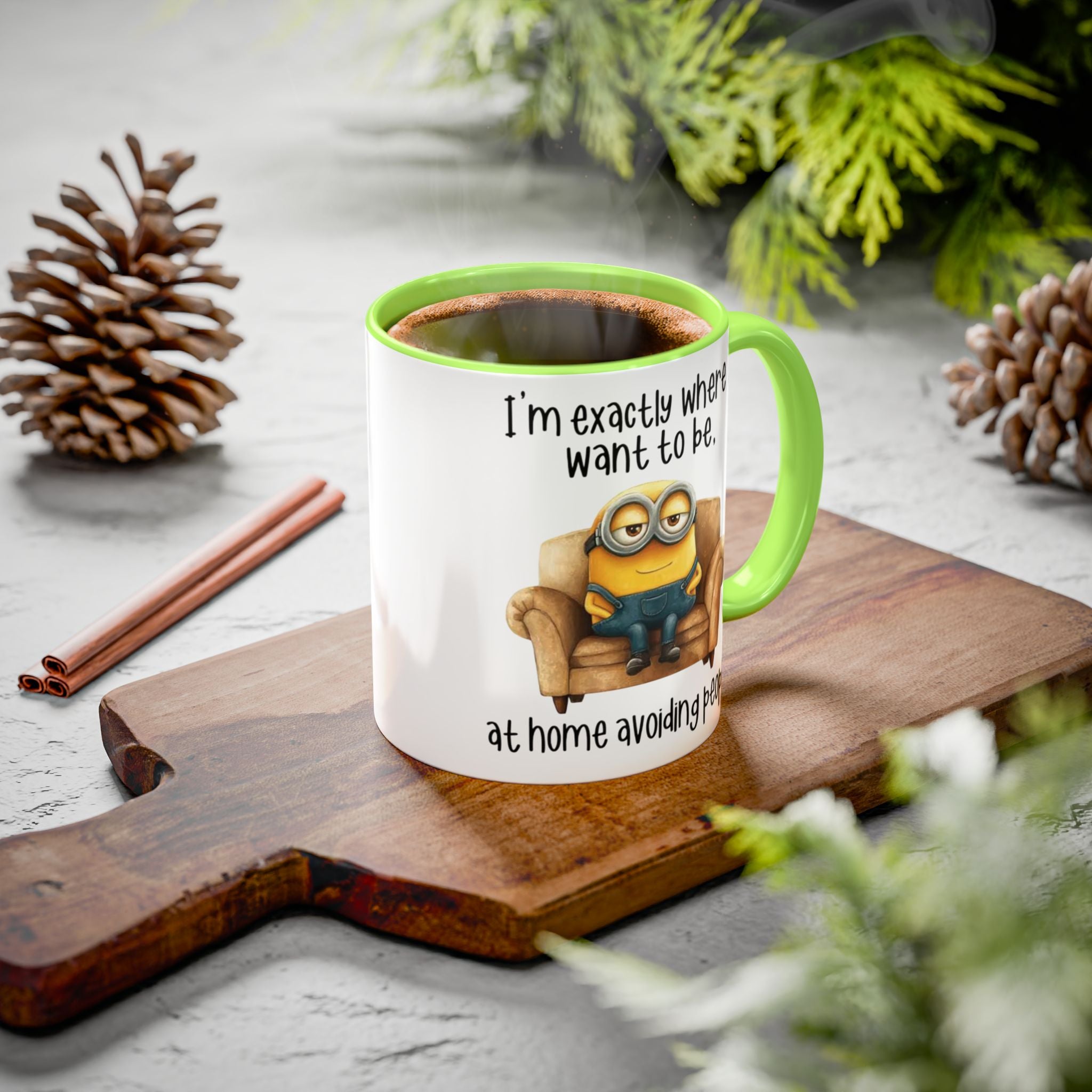 Funny Minion Two-Tone Coffee Mug, 11oz - I'm exactly where i want to be At home avoiding people, Novelty Ceramic Tea Cup, Unique Gift Idea