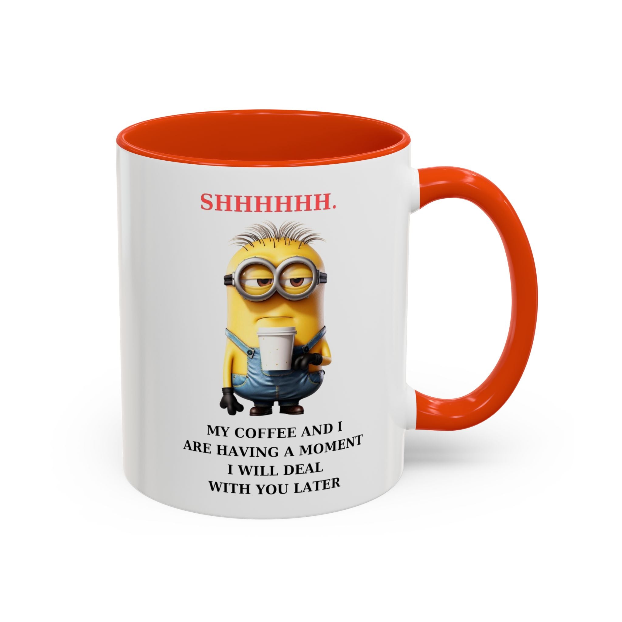 Funny Minion SHHHHHHH Two-Tone Coffee Mug, Novelty Cup, Cute Gift for Introverts, Office Humor, Sarcastic Statement, 11oz, Gift for Minion