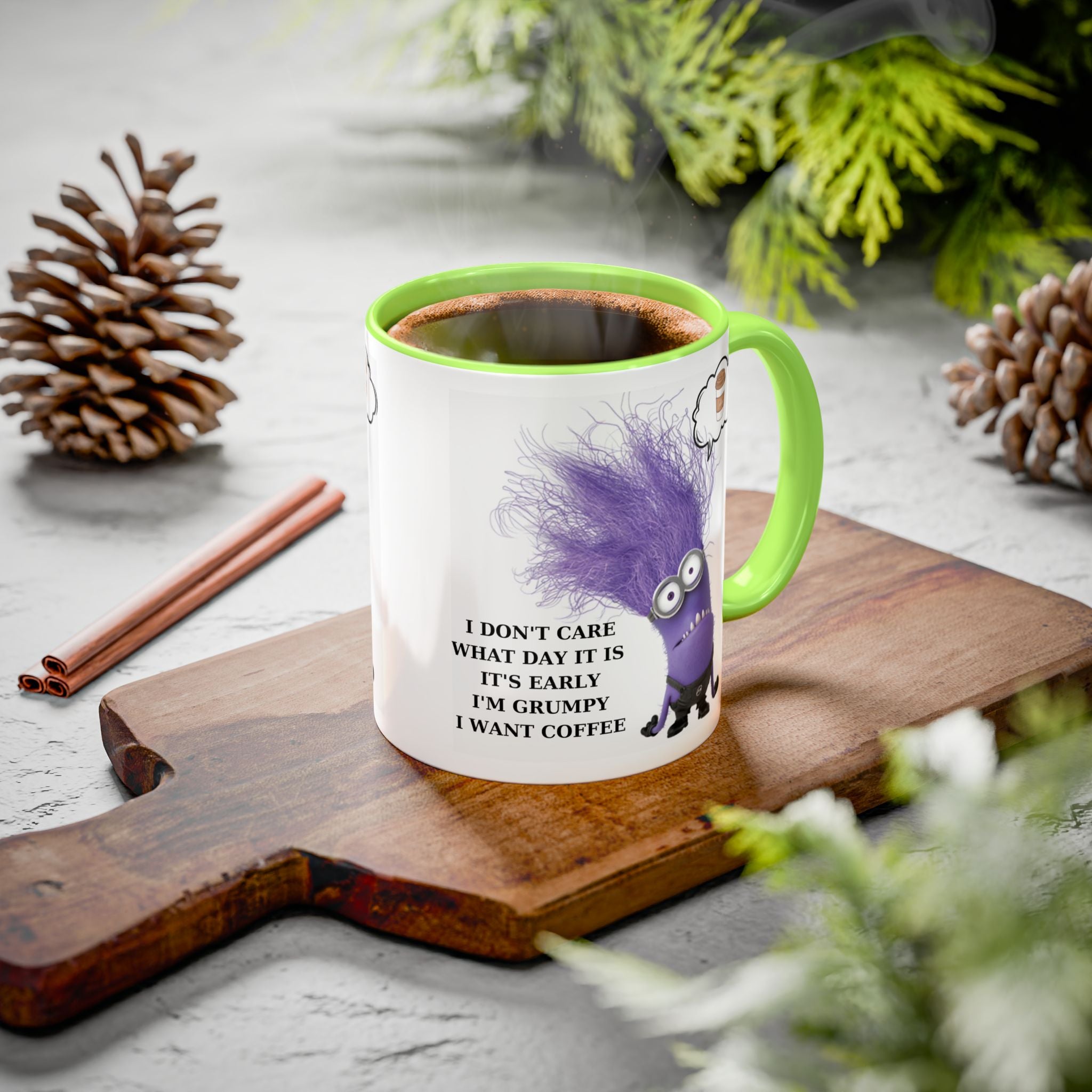 Funny Minion Two-Tone Coffee Mug, 11oz - I Don't Care What Day It Is, Funny Coffee Lover Gift, Grumpy Mug, Office Humor, Sarcastic Mug, Gift