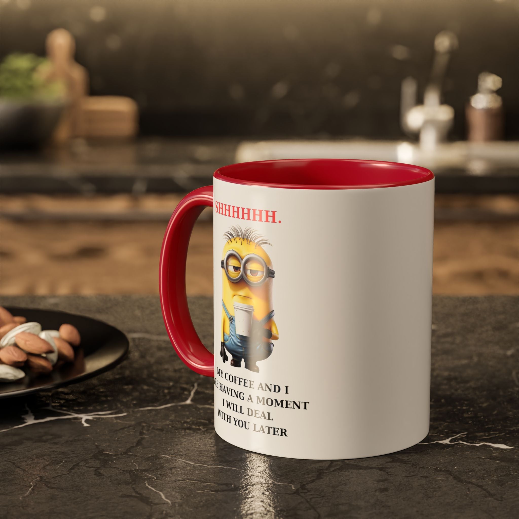 Funny Minion SHHHHHHH Two-Tone Coffee Mug, Novelty Cup, Cute Gift for Introverts, Office Humor, Sarcastic Statement, 11oz, Gift for Minion
