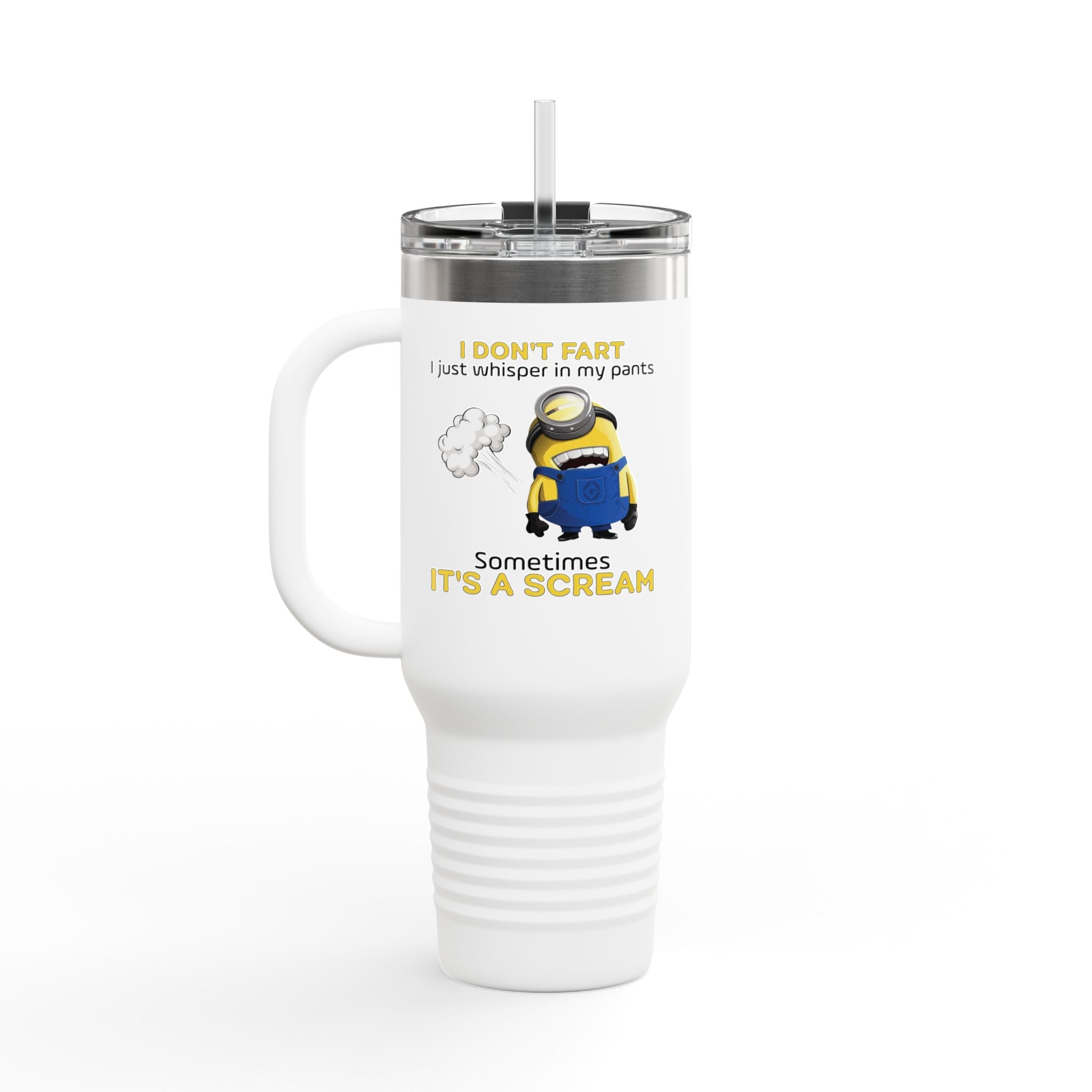 Funny Minion 'i dont fart I whisper' 40oz Insulated Travel Mug | Stainless Steel Tumbler for Hot and Cold Drinks, Novelty Cup, Travel Gift,