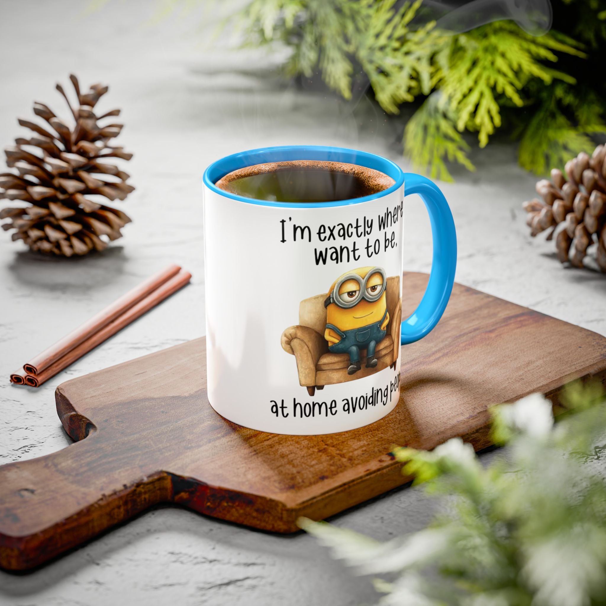 Funny Minion Two-Tone Coffee Mug, 11oz - I'm exactly where i want to be At home avoiding people, Novelty Ceramic Tea Cup, Unique Gift Idea