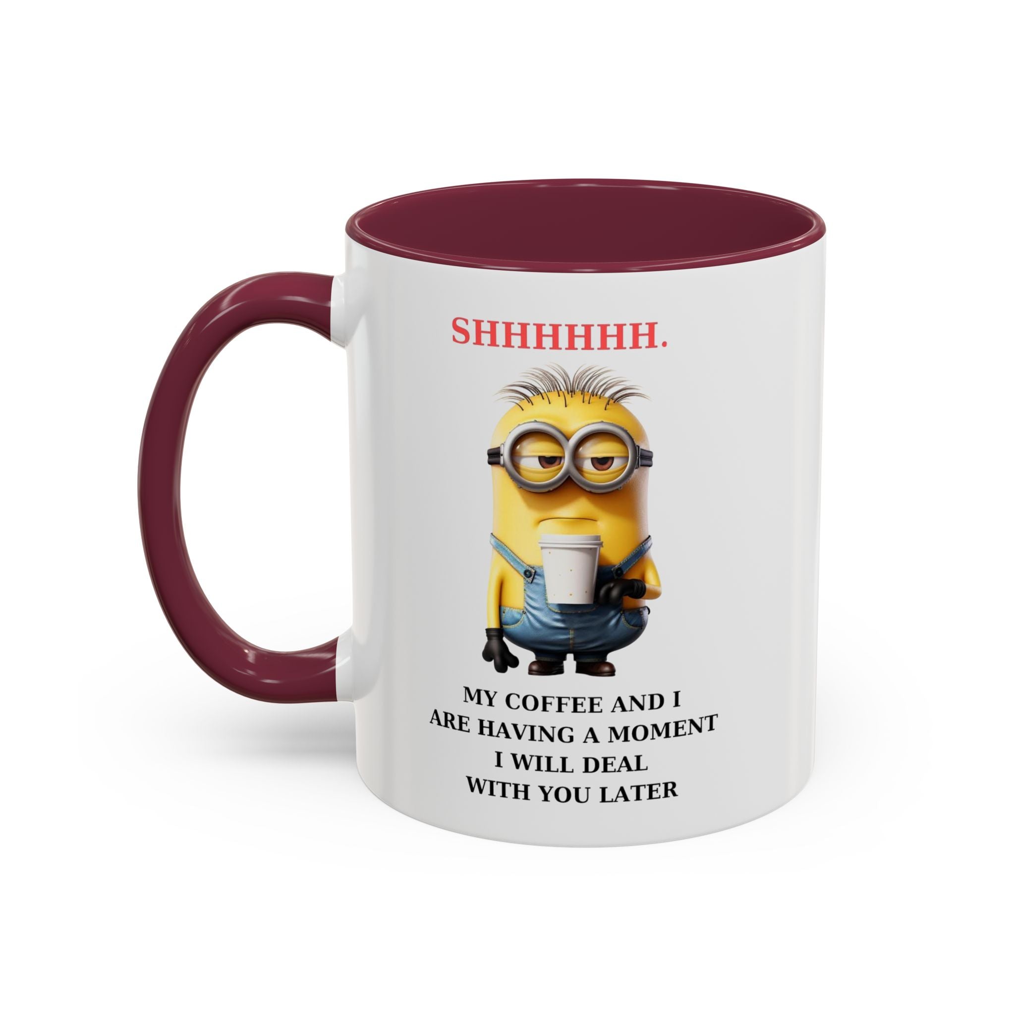 Funny Minion SHHHHHHH Two-Tone Coffee Mug, Novelty Cup, Cute Gift for Introverts, Office Humor, Sarcastic Statement, 11oz, Gift for Minion