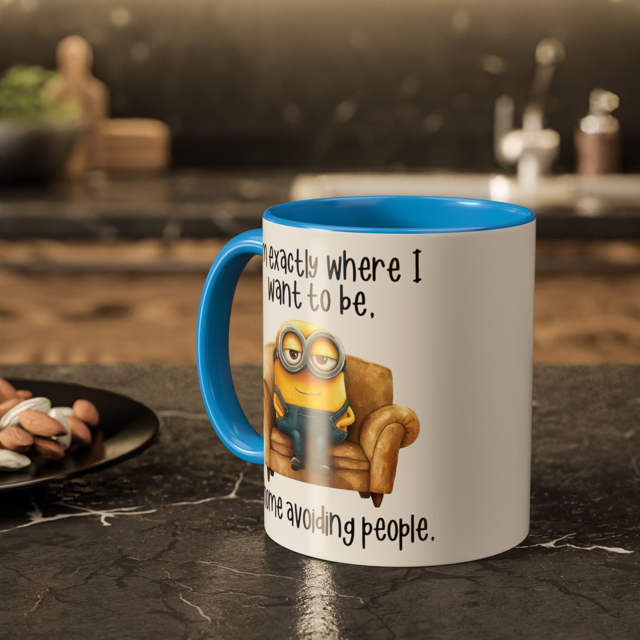 Funny Minion Two-Tone Coffee Mug, 11oz - I'm exactly where i want to be At home avoiding people, Novelty Ceramic Tea Cup, Unique Gift Idea