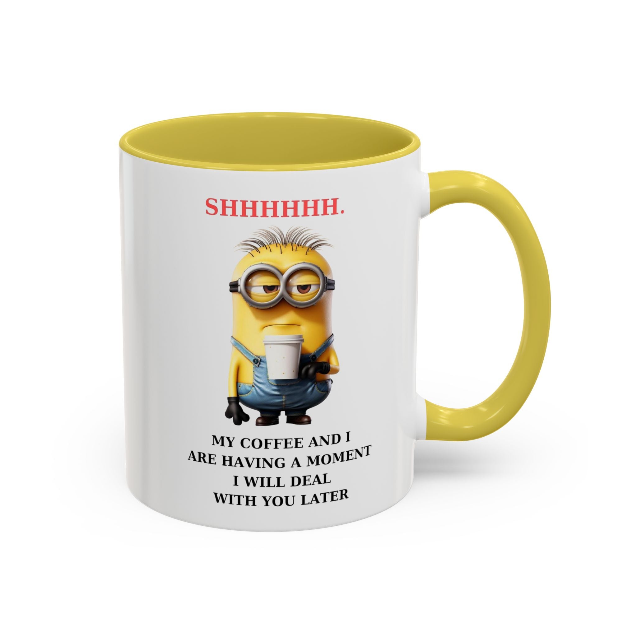 Funny Minion SHHHHHHH Two-Tone Coffee Mug, Novelty Cup, Cute Gift for Introverts, Office Humor, Sarcastic Statement, 11oz, Gift for Minion