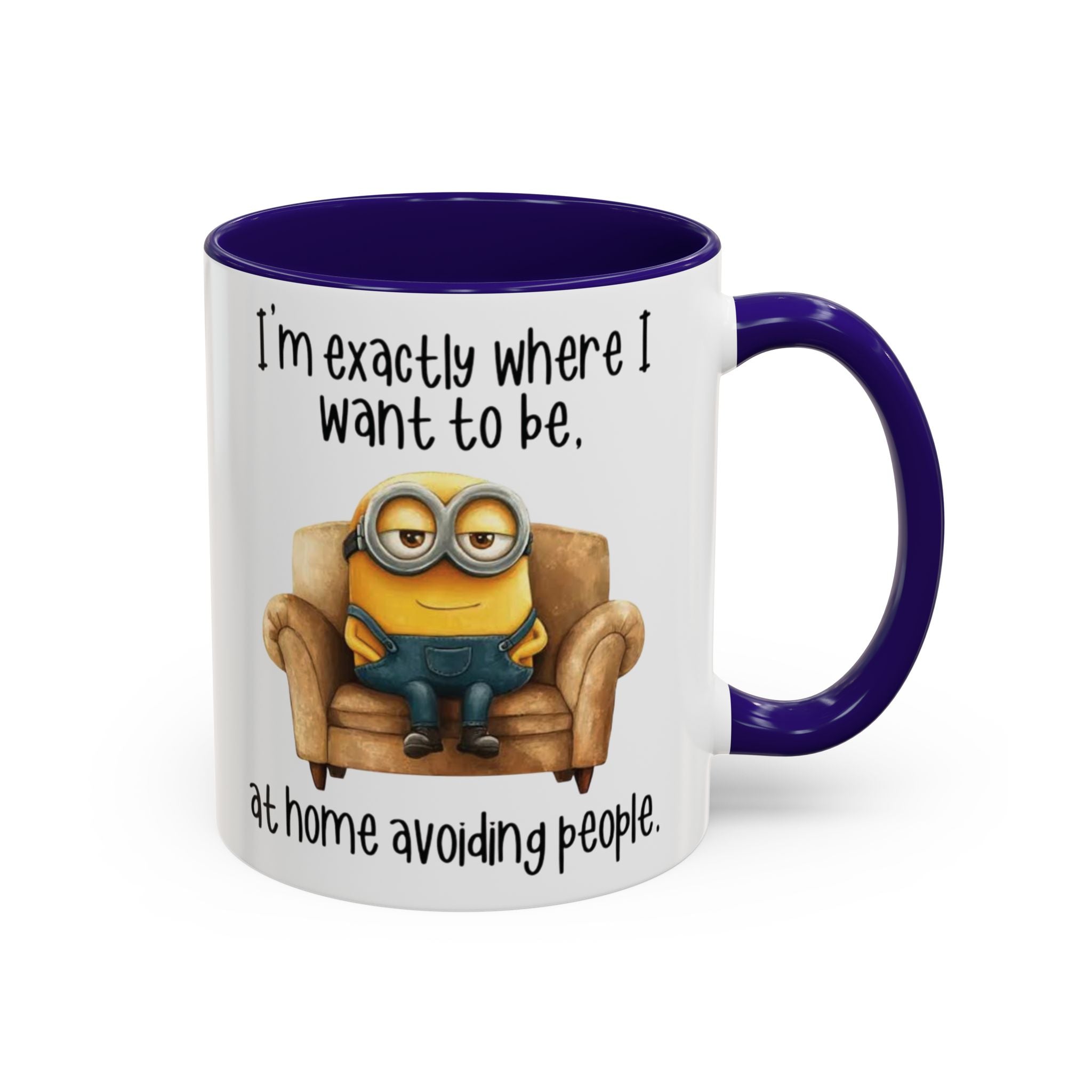 Funny Minion Two-Tone Coffee Mug, 11oz - I'm exactly where i want to be At home avoiding people, Novelty Ceramic Tea Cup, Unique Gift Idea