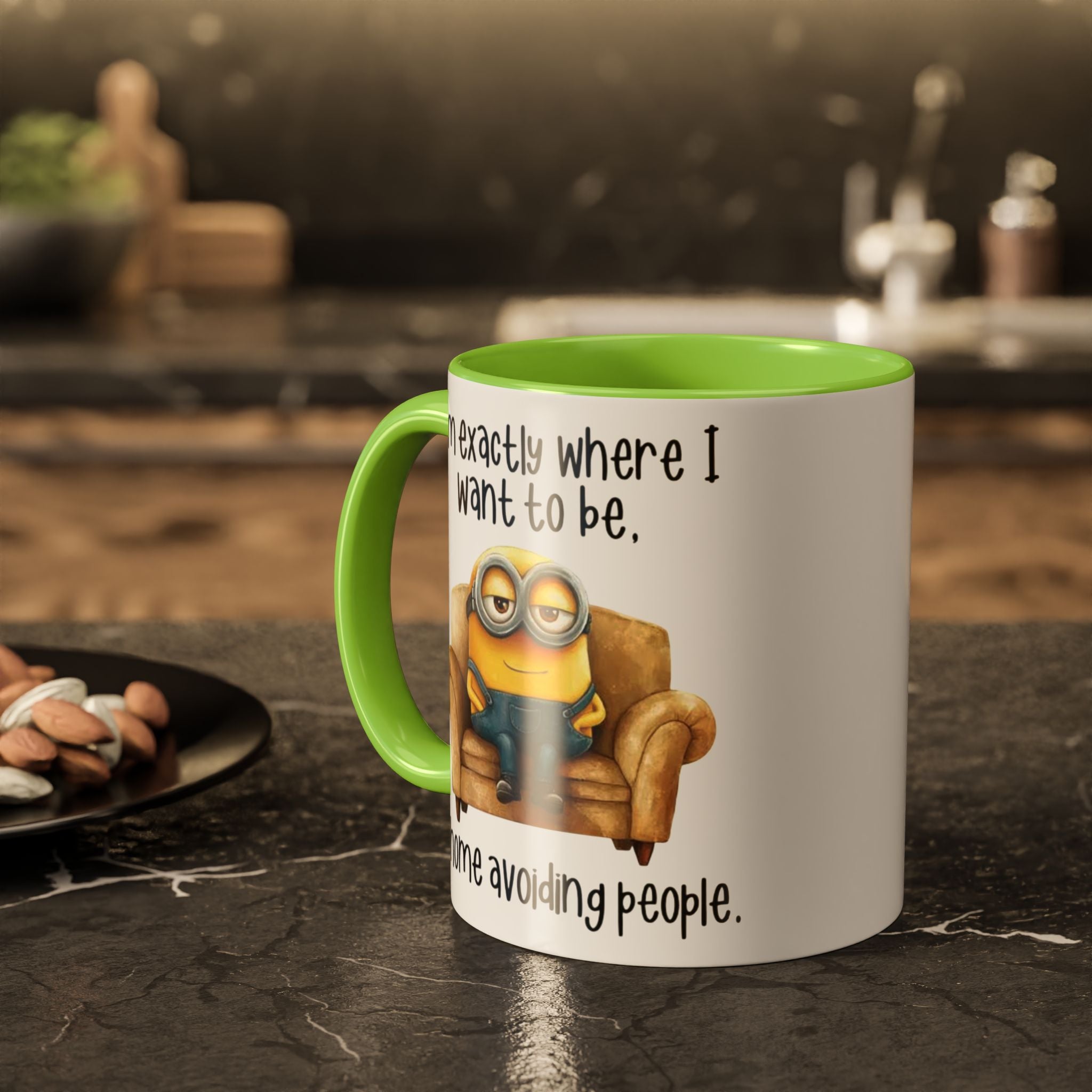 Funny Minion Two-Tone Coffee Mug, 11oz - I'm exactly where i want to be At home avoiding people, Novelty Ceramic Tea Cup, Unique Gift Idea