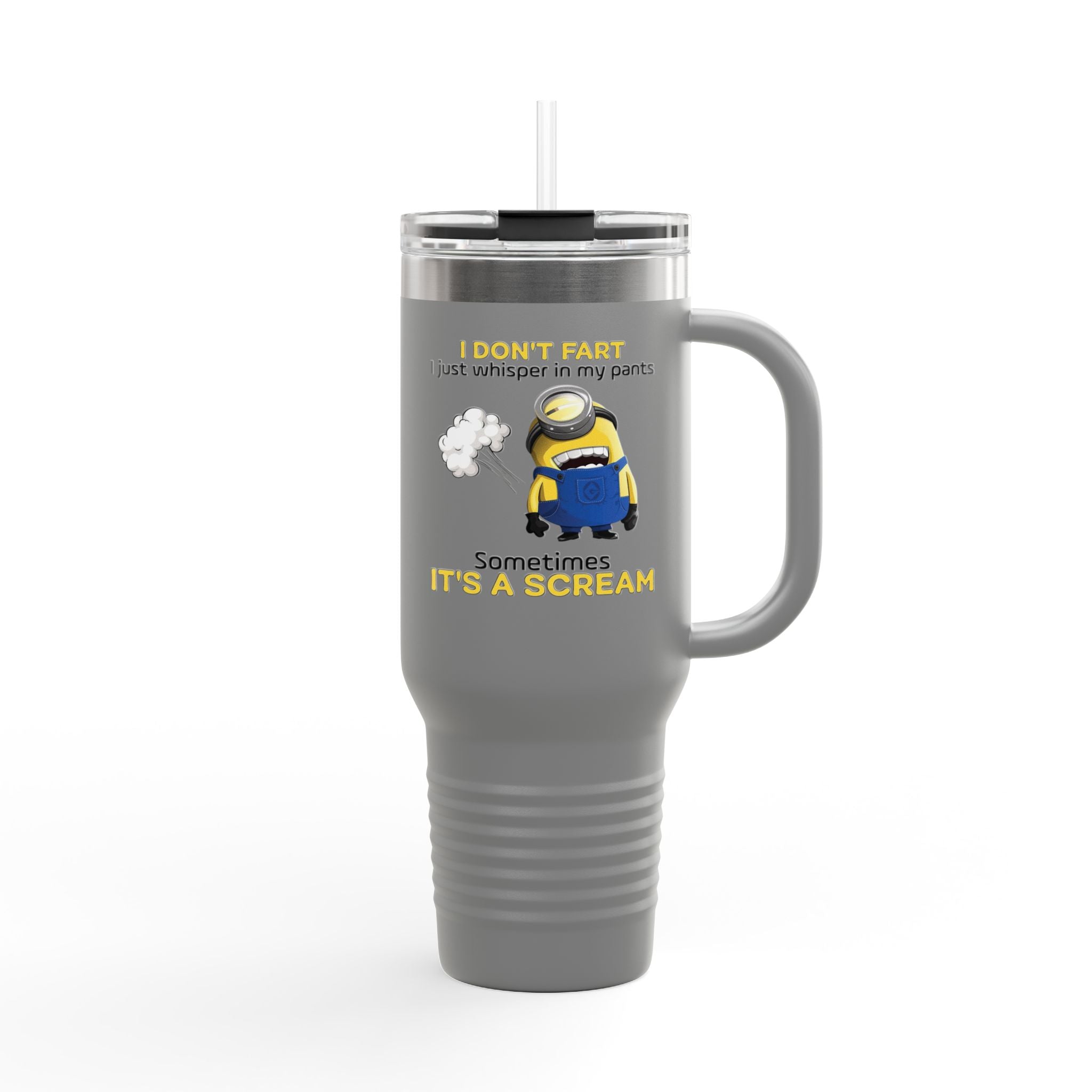 Funny Minion 'i dont fart I whisper' 40oz Insulated Travel Mug | Stainless Steel Tumbler for Hot and Cold Drinks, Novelty Cup, Travel Gift,