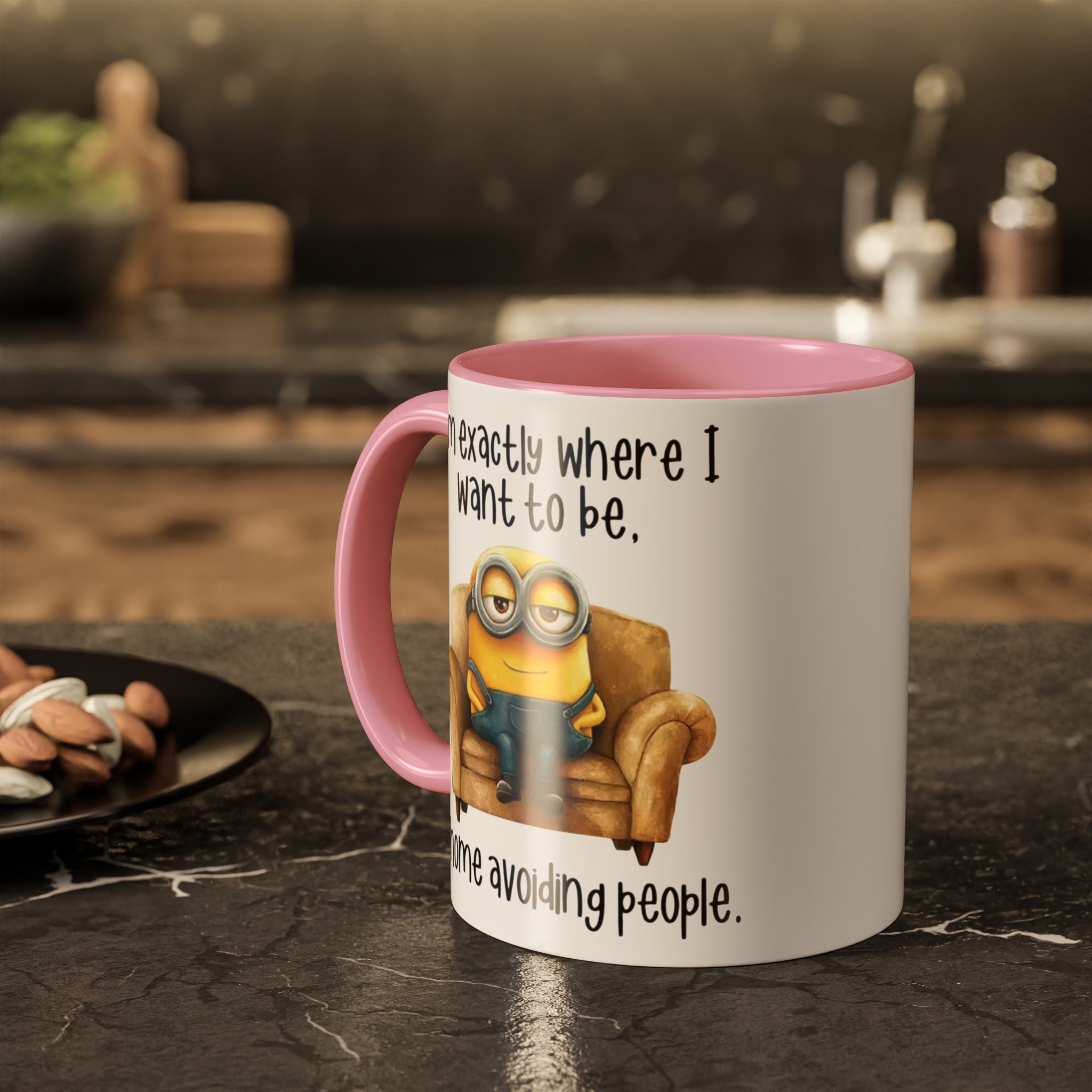 Funny Minion Two-Tone Coffee Mug, 11oz - I'm exactly where i want to be At home avoiding people, Novelty Ceramic Tea Cup, Unique Gift Idea