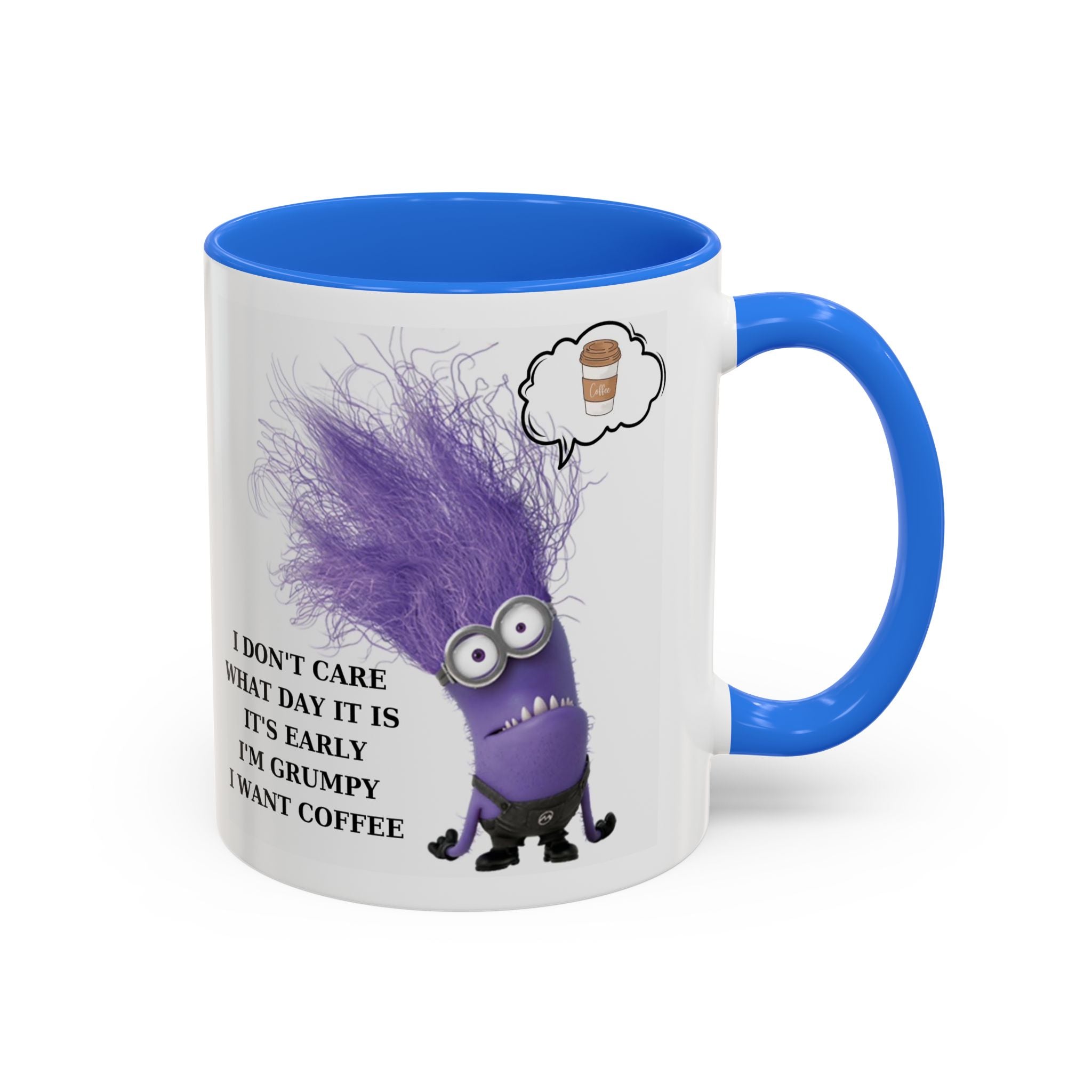 Funny Minion Two-Tone Coffee Mug, 11oz - I Don't Care What Day It Is, Funny Coffee Lover Gift, Grumpy Mug, Office Humor, Sarcastic Mug, Gift