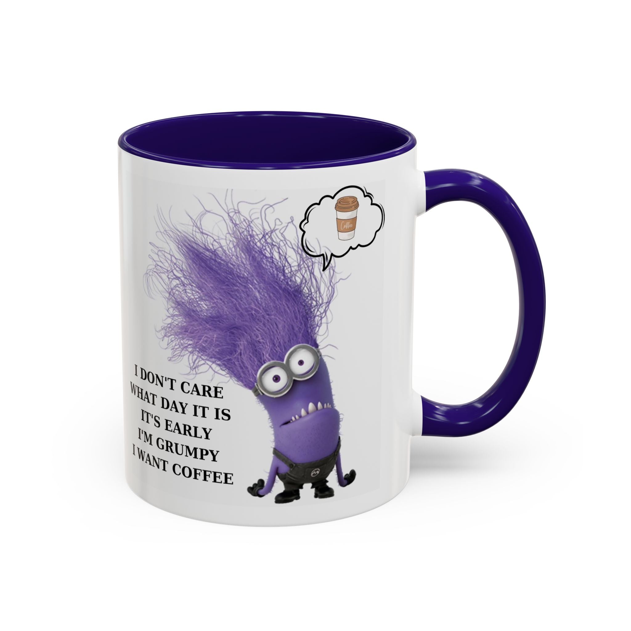 Funny Minion Two-Tone Coffee Mug, 11oz - I Don't Care What Day It Is, Funny Coffee Lover Gift, Grumpy Mug, Office Humor, Sarcastic Mug, Gift