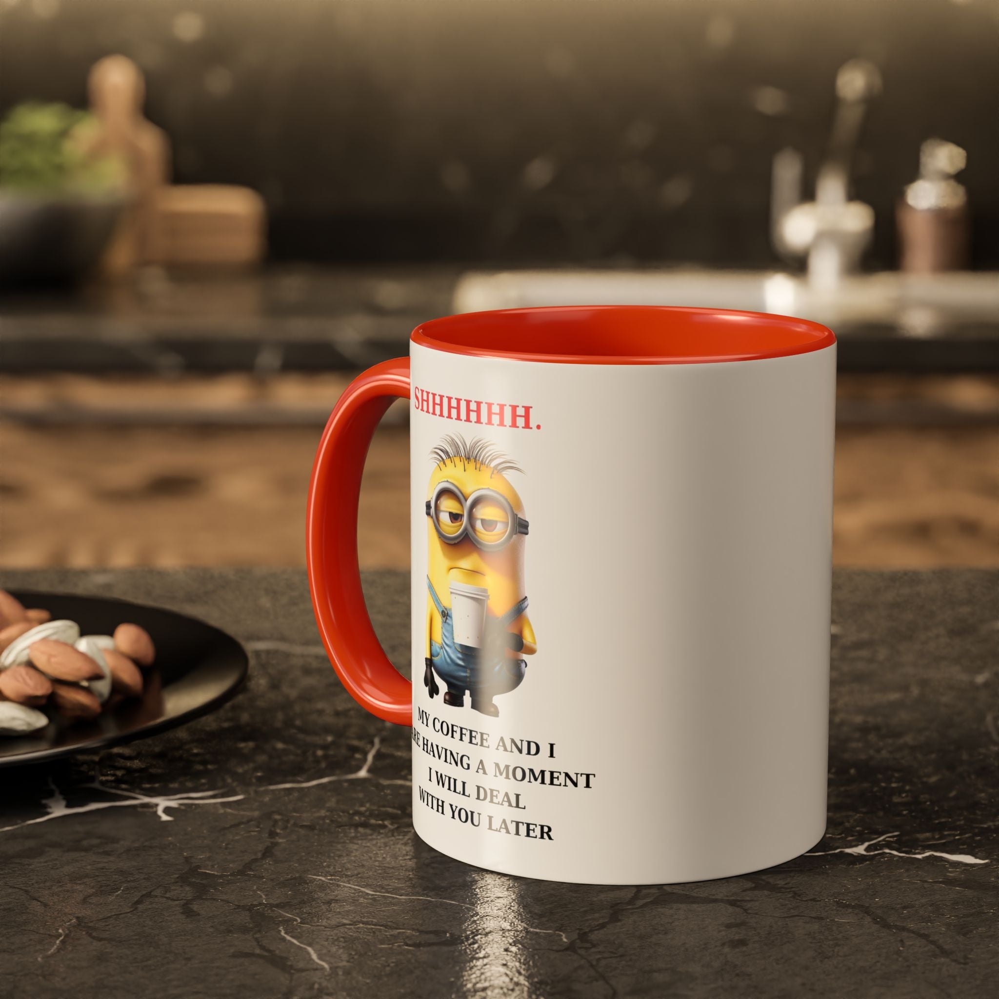 Funny Minion SHHHHHHH Two-Tone Coffee Mug, Novelty Cup, Cute Gift for Introverts, Office Humor, Sarcastic Statement, 11oz, Gift for Minion