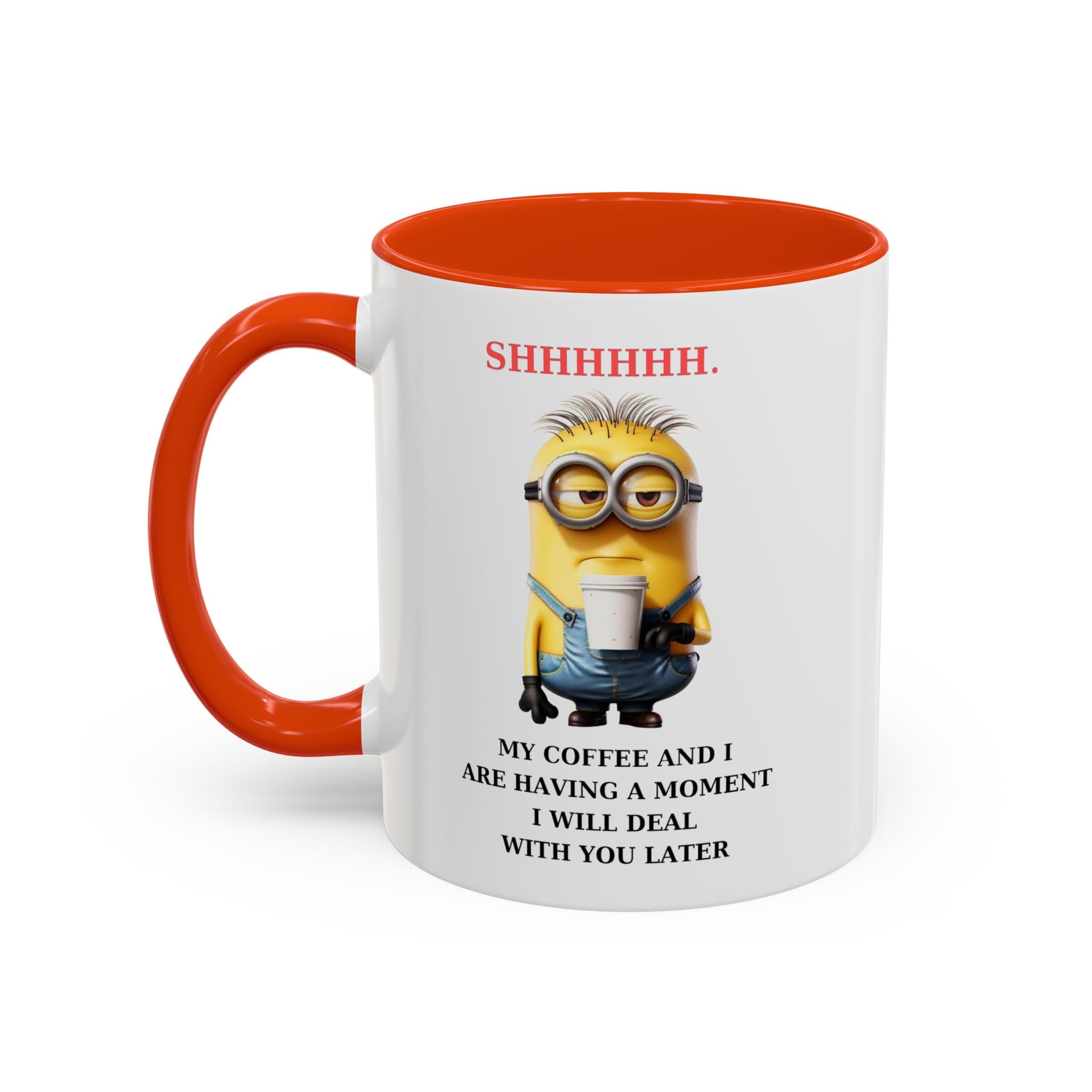 Funny Minion SHHHHHHH Two-Tone Coffee Mug, Novelty Cup, Cute Gift for Introverts, Office Humor, Sarcastic Statement, 11oz, Gift for Minion